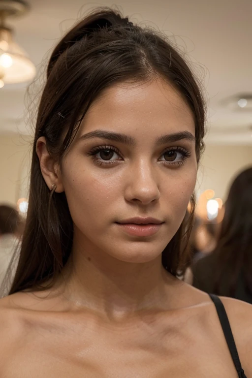 There is a woman who is posing for a photo in a restaurant, uma pintura fotorrealista de Robbie Trevino, reddit, fotorrealismo, Rosto extremamente lindo, maquiagem sutil, 2 modelo feminino de 4 anos, rosto bonito jovem, detailed flawless face, lindo rosto delicado, lindo rosto delicado, flawless brunette skin, rosto perfeito ), lindo rosto atraente, finely detailed rosto perfeito