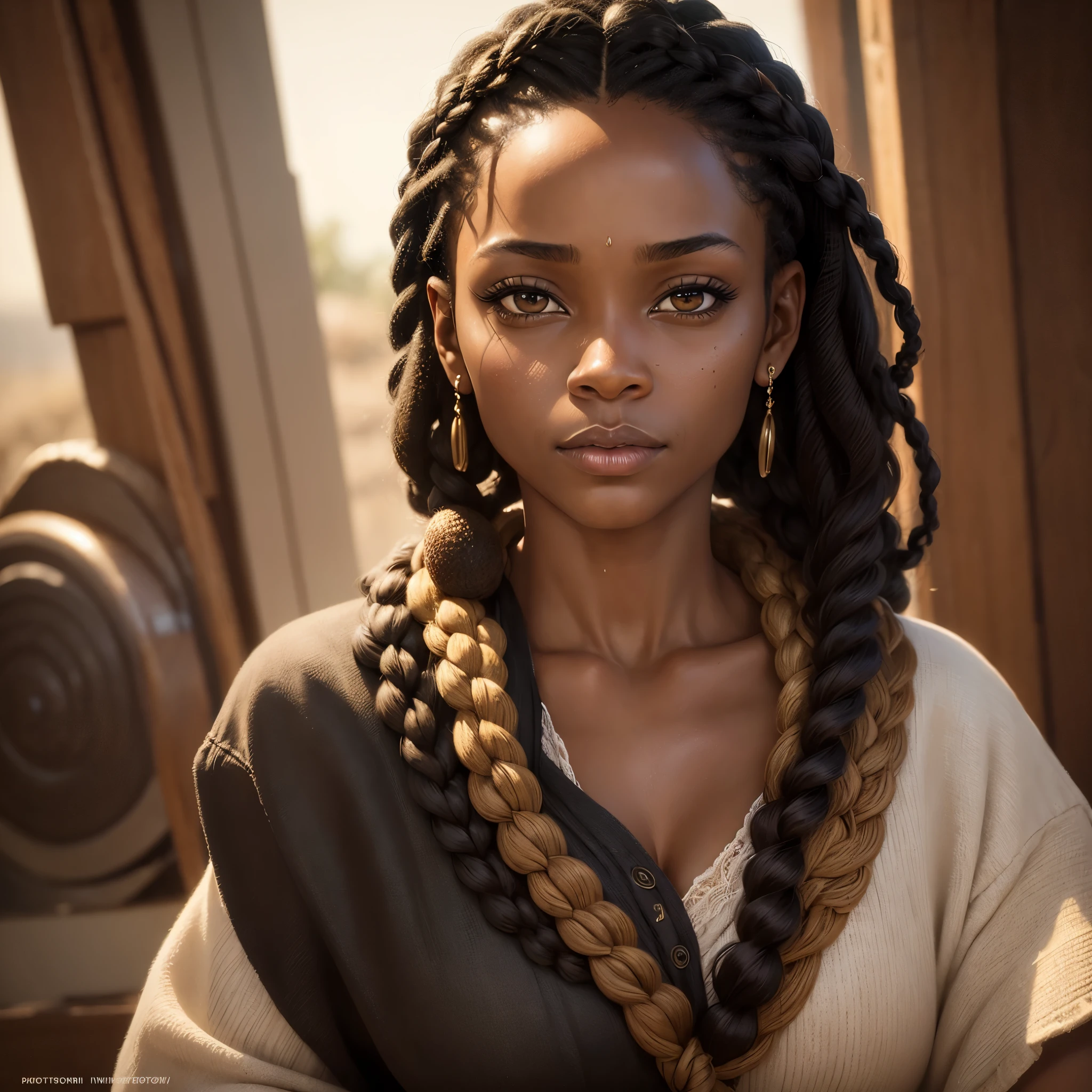 Masterpiece, african, 40yo, adult, ((black woman)), brown skinned, braided hair, cornrows, beautiful, sweet skin, brown eyes, face, dreamy look. Focused, posterity, portrait, 35mm lens, photography, ultra details, precise texture details HDR, UHD,64K.