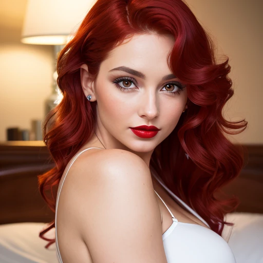 Photo of a beautiful European woman in her late twenties, realistically portrayed, ((Detailed face:1.2)), ((detailed facial features)), ((finely detailed skin)), pale complexion, wearing nothing but a sheet, in a dimly lit bedroom environment, bending over slightly, reveals an intimate reflection in her large, expressive eyes with prominent tear drops, ((long, full eyelashes)), ((vibrant red lipstick)), and delicate eyebrows, shiny, full red hair cascading down in loose curls, a slim body with a round, plump posterior, soft focus, captured in high resolution, 4K or 8K, with a blurred, colorful background, Nikon D
