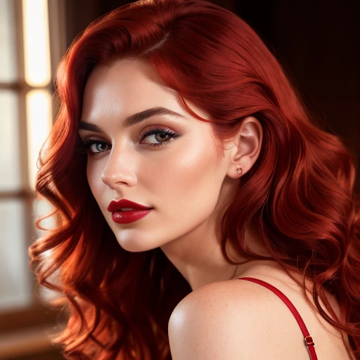 Photo of a beautiful European woman in her late twenties, realistically portrayed, ((Detailed face:1.2)), ((detailed facial features)), ((finely detailed skin)), pale complexion, wearing nothing but a sheet, in a dimly lit bedroom environment, bending over slightly, reveals an intimate reflection in her large, expressive eyes with prominent tear drops, ((long, full eyelashes)), ((vibrant red lipstick)), and delicate eyebrows, shiny, full red hair cascading down in loose curls, a slim body with a round, plump posterior, soft focus, captured in high resolution, 4K or 8K, with a blurred, colorful background, Nikon D