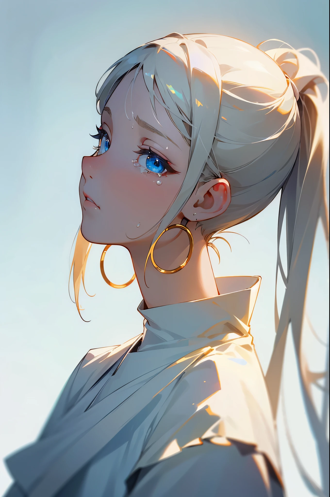 best quality, absurdres,masterpiece,[white|yellow] hair, Ponytail,blue eyes,white clothes, upper body,close-up,profile,infront glance,Delicate facial features,simple background,adjusting hair,head tilt,hoop earrings,looking at viewer,looking back,crying with eyes open,sad,smooth skin,white dress,elegant room background