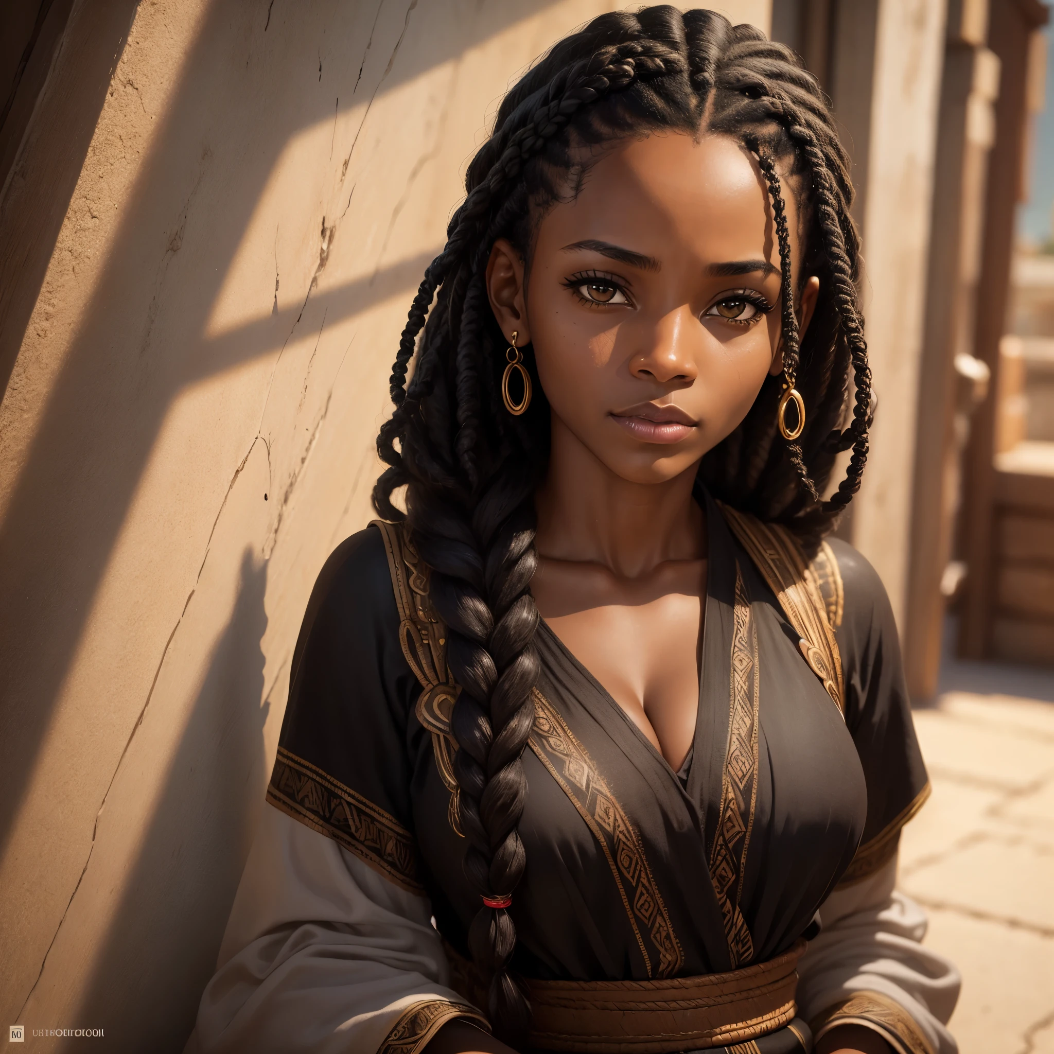  Masterpiece, african, 40yo, adult, ((black woman)), brown skinned, braided hair, cornrows, beautiful, sweet skin, brown eyes, face, dreamy look. Focused, posterity, portrait, 35mm lens, photography, ultra details, precise texture details HDR, UHD,64K.