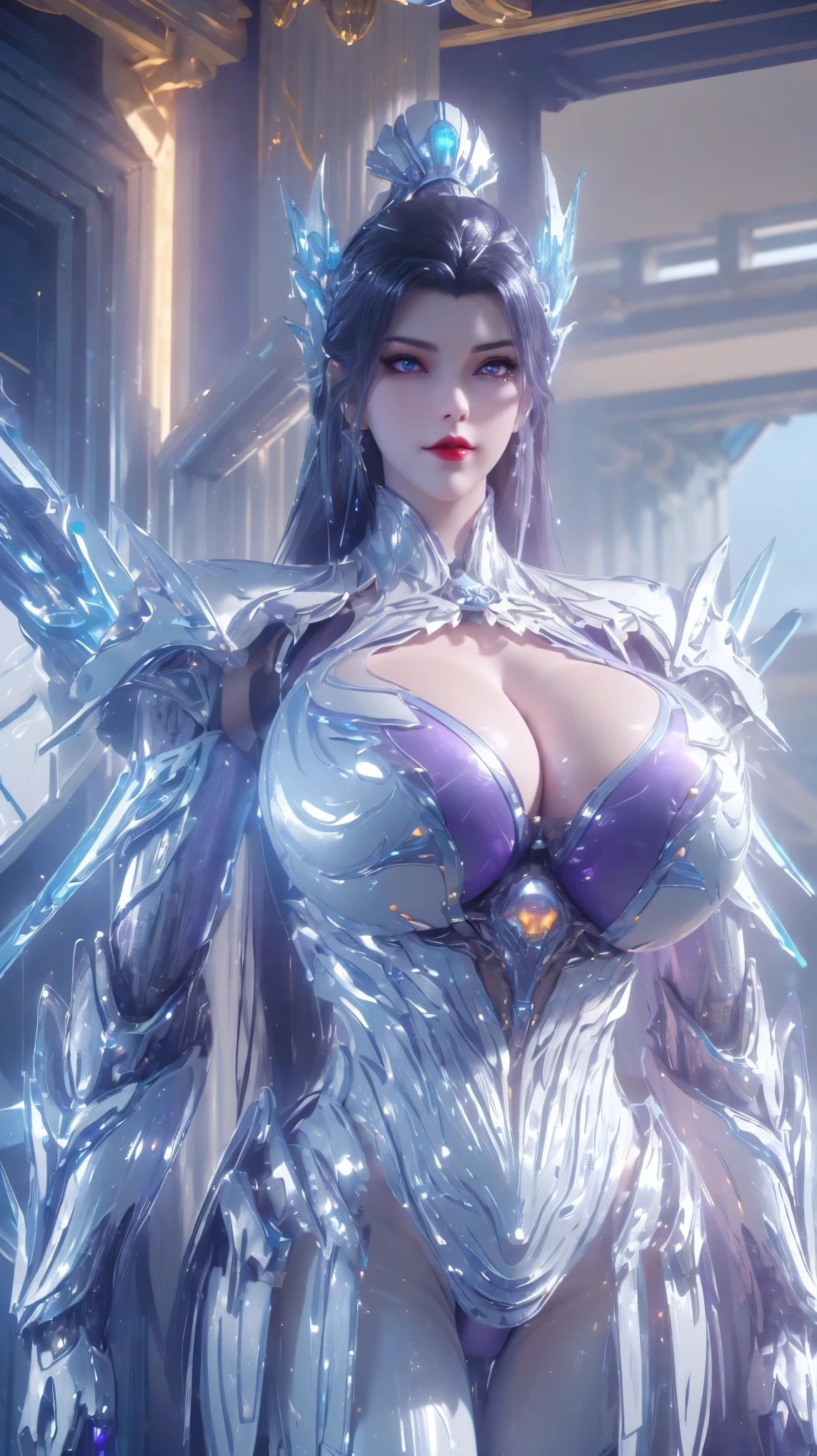 UPPER BODY,CLOSE UP HALF BODY,SOLO,LED BODY,(BEAUTY WHITE HAIR,MECHA GOLD PHOENIX HELM), (HUGE FAKE BREASTS,CLEAVAGE TOP,MUSCLE ABS:1.5), ((WEARING (BLUE,PURPLE,WHITE) SHINY FUTURISTIC MECHA MINI BIKINI:1.5)),((MUSCULAR PERFECT BODY MATURE WOMAN:1.6)), (SWEATY GLOSSY BODY:1.4), (LOOKING AT VIEWER:1.6),(BACKGROUND OF FUTURISTIC SPACE STATION:1), (PHOTOREALSITIC:1.4), (ULTRA-DETAIL), (TOP-QUALITY), (BEST SHADOWS), (MASTERPIECE), BRIGHT LIGHT IN ROOM, HYPER TEXTURE, (4X MSAA), ((UNREAL ENGINE 5 RENDER)), PHYSICALLY-BASED RENDERING, ULTRA HIGHT DEFINITION, 16K, 1080P.