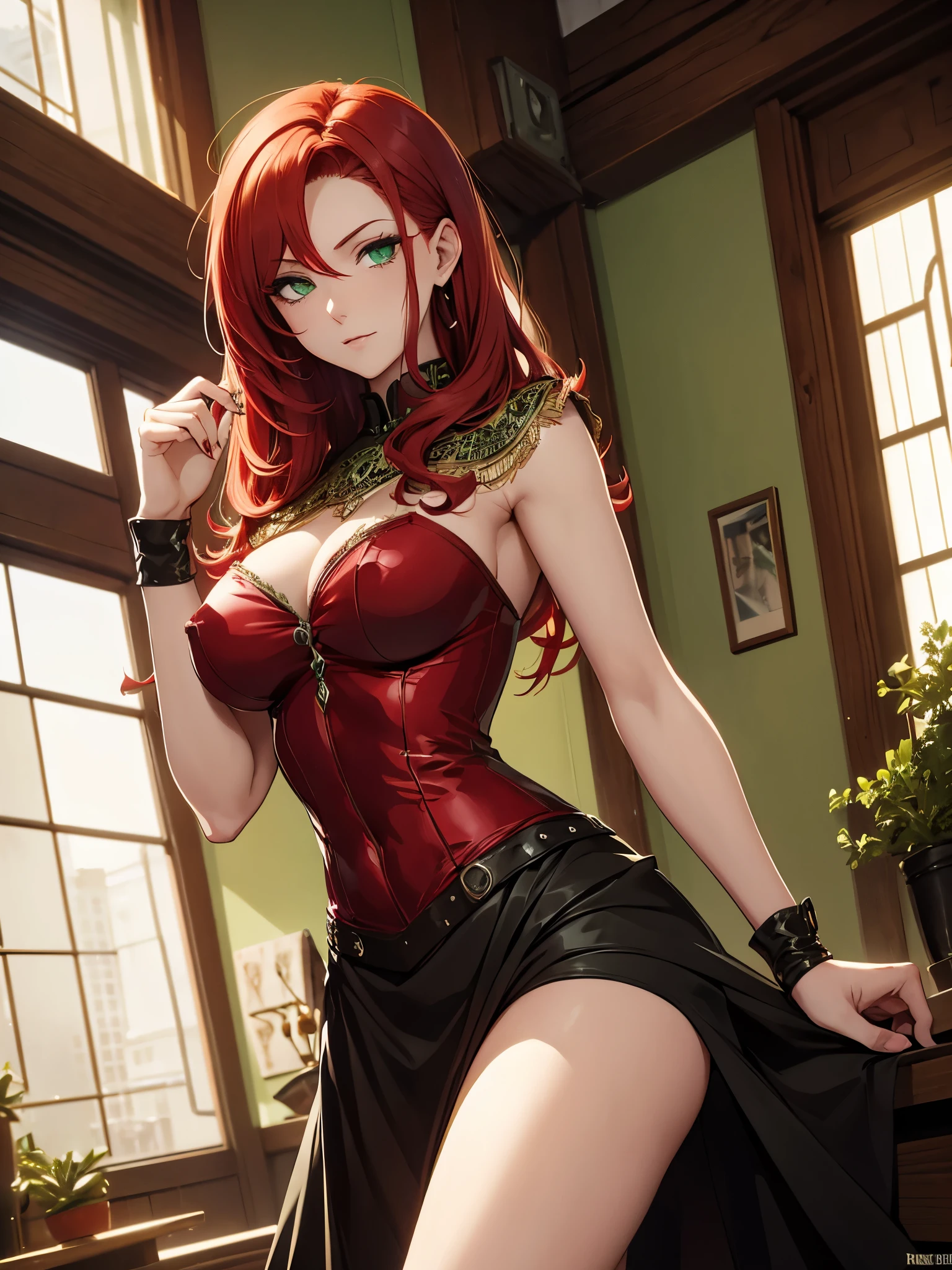 Red-haired woman with green eyes,( Absurd , High quality , ultra detailed, careful with hand ), cold-hearted, impatient, overconfident style, whole body, rpg, nsfw , sex with male
,sex, doggy style