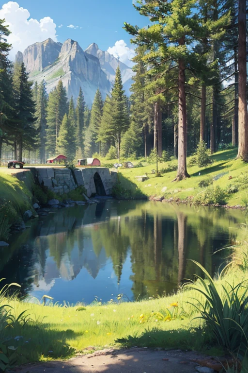 Forest with a small lake in the left corner cartoon style