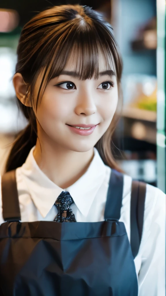 (in 8K、Raw photography、Highest Quality、realisitic、Photorealsitic, Looking at the camera, Light on Face, Gray background, upper body shot), 28 year old Japanese woman, average appearance, fast food uniform, Serving customers at the store:1.6, Talking:1.9, mouth open:1.3, I have a product:1.7, I&#39;m stopping calling:2.0