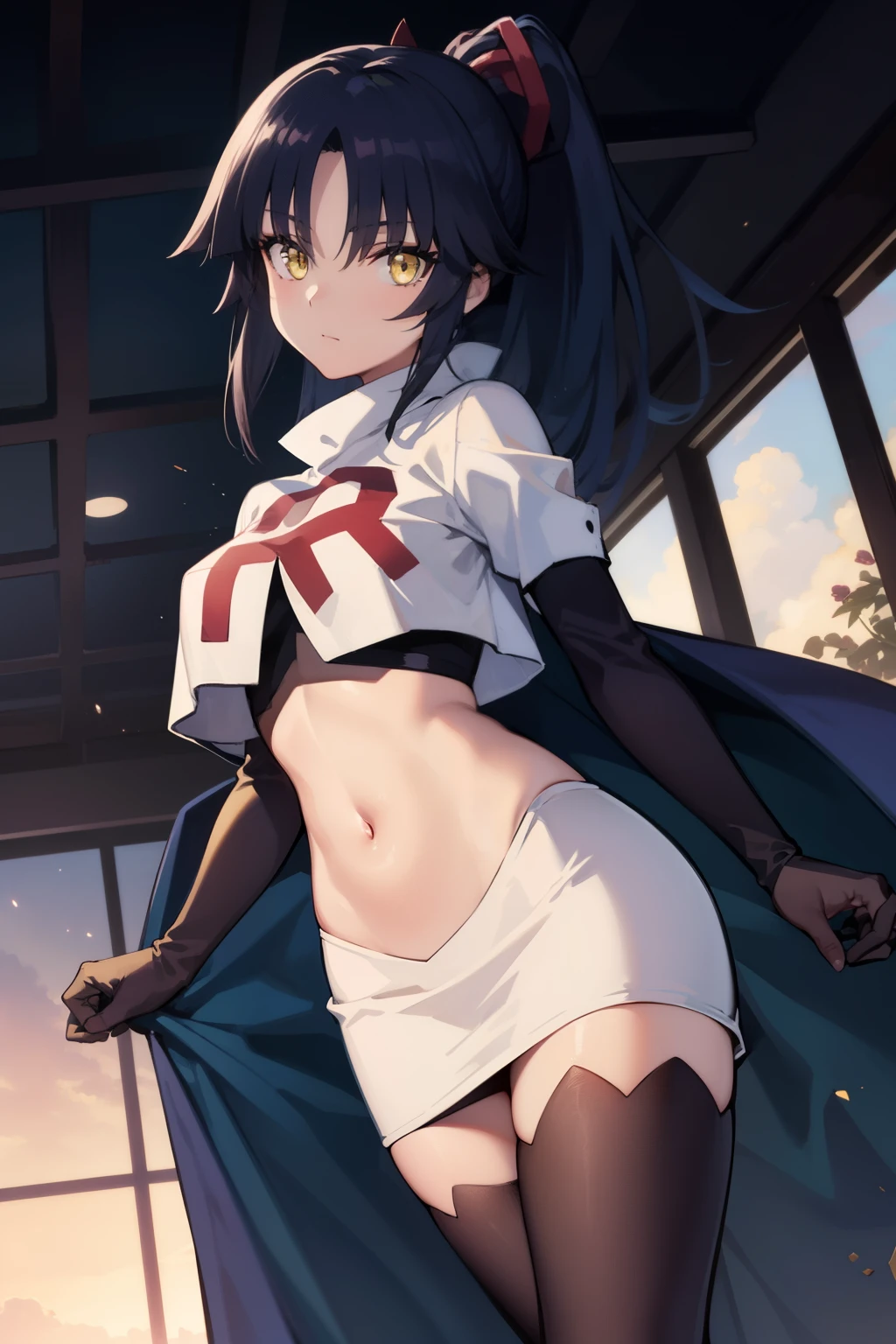 danzoukatou, danzou katou, android, black hair, long hair, ponytail, (yellow eyes:1.5),
BREAK team rocket,team rocket uniform,white skirt,red letter R,crop top,black thigh-highs,black elbow gloves,
BREAK looking at viewer,
BREAK (masterpiece:1.2), best quality, high resolution, unity 8k wallpaper, (illustration:0.8), (beautiful detailed eyes:1.6), extremely detailed face, perfect lighting, extremely detailed CG, (perfect hands, perfect anatomy),