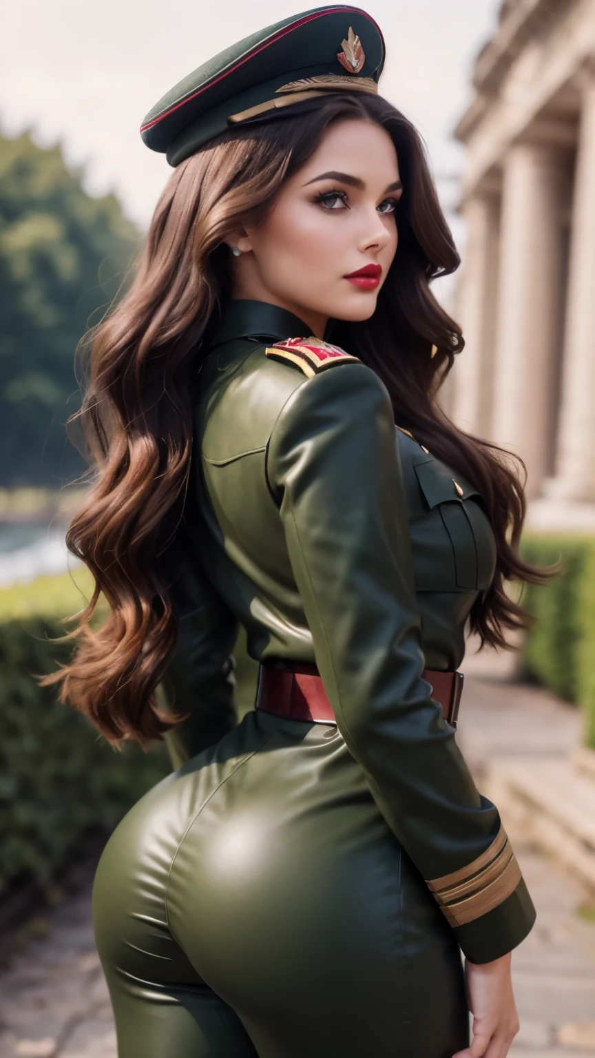 Retro style, beautiful female model, glamorous body, plump body, long haired person, wavy hair, chestnut hair, smooth skin, blue eyes, enchanting smile, dark makeup, red lips, ((military uniform style sexy outfit)), accessories, boots, realist, outdoor, super realistic 8K, super detailed and realistic, posture sculpture, big ass, Wide buttocks