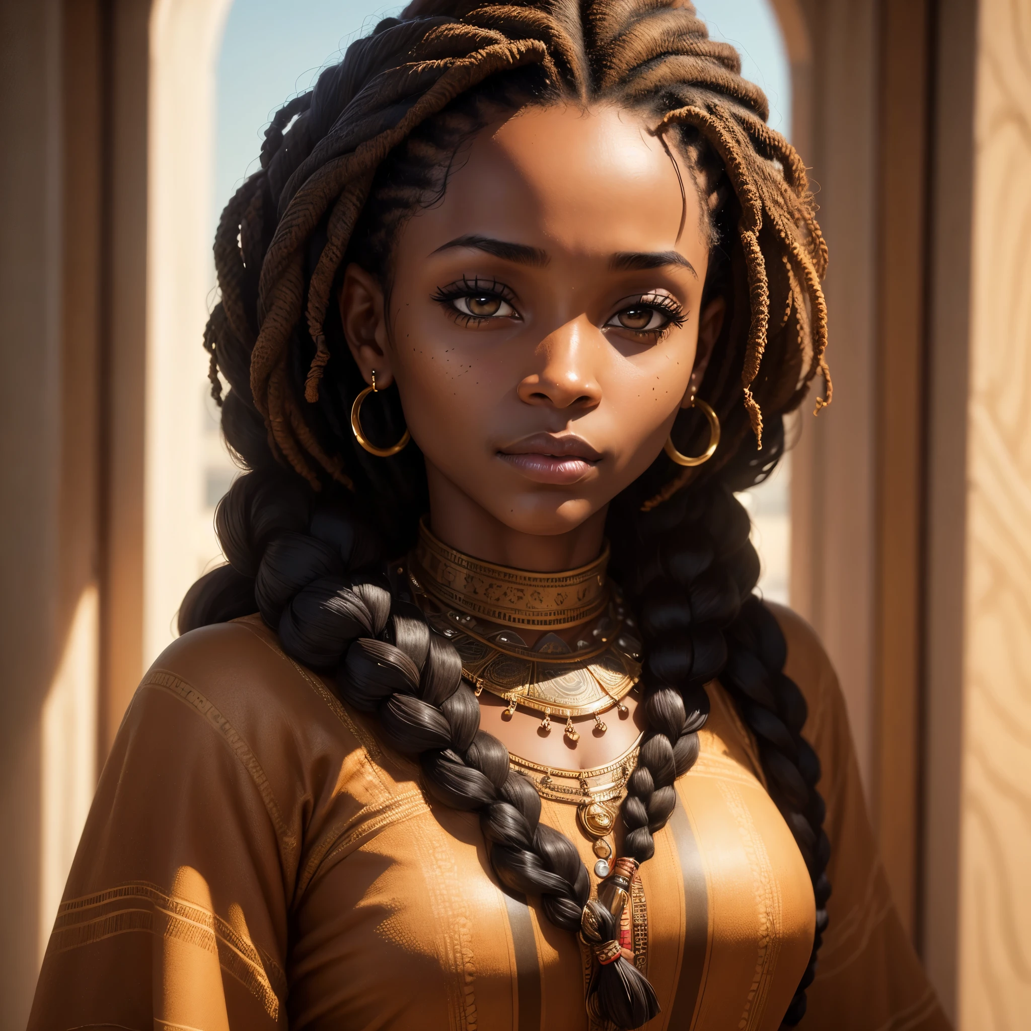  Masterpiece, african, african features, 40yo, adult, ((black woman)), brown skinned, braided hair, cornrows, beautiful, sweet skin, brown eyes, face, dreamy look. Focused, posterity, portrait, 35mm lens, photography, ultra details, precise texture details HDR, UHD,64K.