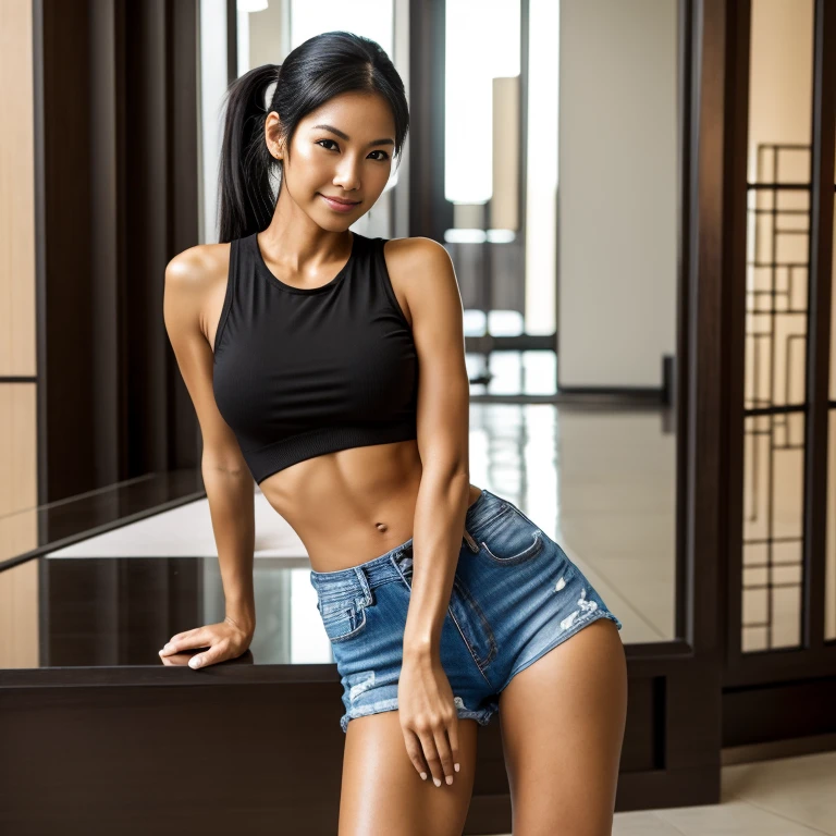 Woman, Skinny, Muscular, Oiled skin, Tanned skin, Medium breasts, One, 30 Years old, Chinese, Medium ass, Seductive smirk, Beauty face, Cute face, Black hair, Ponytail, Sleeveless t-shirt, Nylon stockings, Jeans shorts, Intricate clothes, Transparent clothes, Decollete, Unbuttoned clothes, Unzipped clothes, Full body, Seductive pose, Model pose, Mall, Cinematic light, Masterpiece, Realism