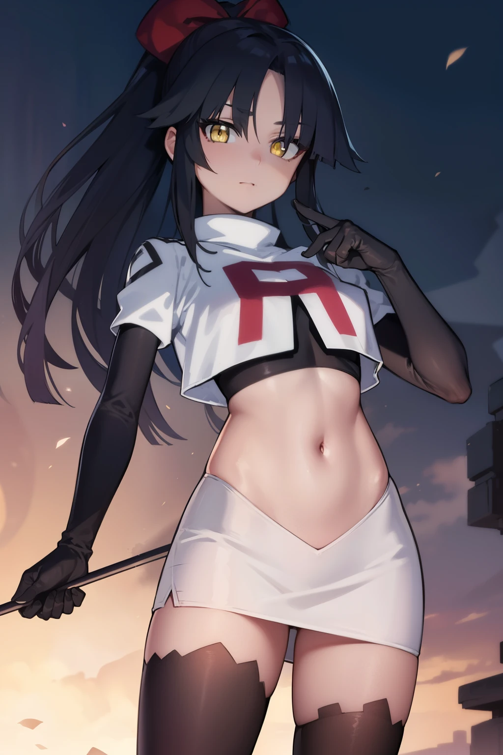 danzoukatou, danzou katou, android, black hair, long hair, ponytail, (yellow eyes:1.5),
BREAK team rocket,team rocket uniform,white skirt,red letter R,crop top,black thigh-highs,black elbow gloves, 
BREAK looking at viewer,
BREAK (masterpiece:1.2), best quality, high resolution, unity 8k wallpaper, (illustration:0.8), (beautiful detailed eyes:1.6), extremely detailed face, perfect lighting, extremely detailed CG, (perfect hands, perfect anatomy),