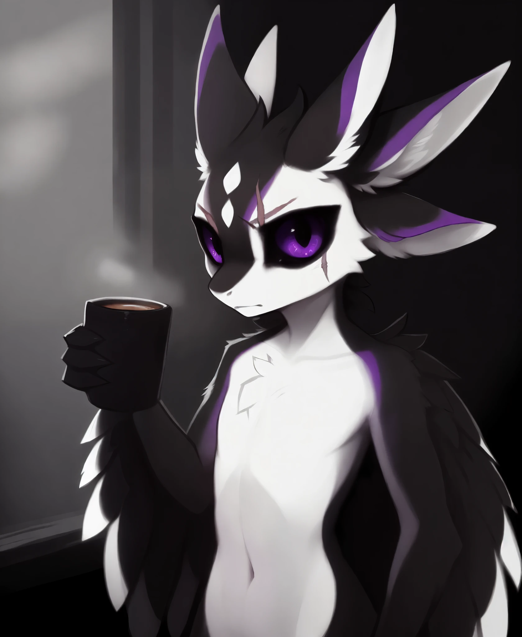 score_9, score_8_up, score_7_up, sera, female black avian, purple eyes, bags under eyes, tired expression, looking up at male, small breasts, messy black hair, she is on her knees, naked,  holding a mug of coffee with both hands, in a kitchen, her mouth wide open, she is looking up at viewer, pov, pov viewer has his cock out, pov viewers cock is cumming on her face, cum on her face, viewer is standing, Birds Eye view, side view