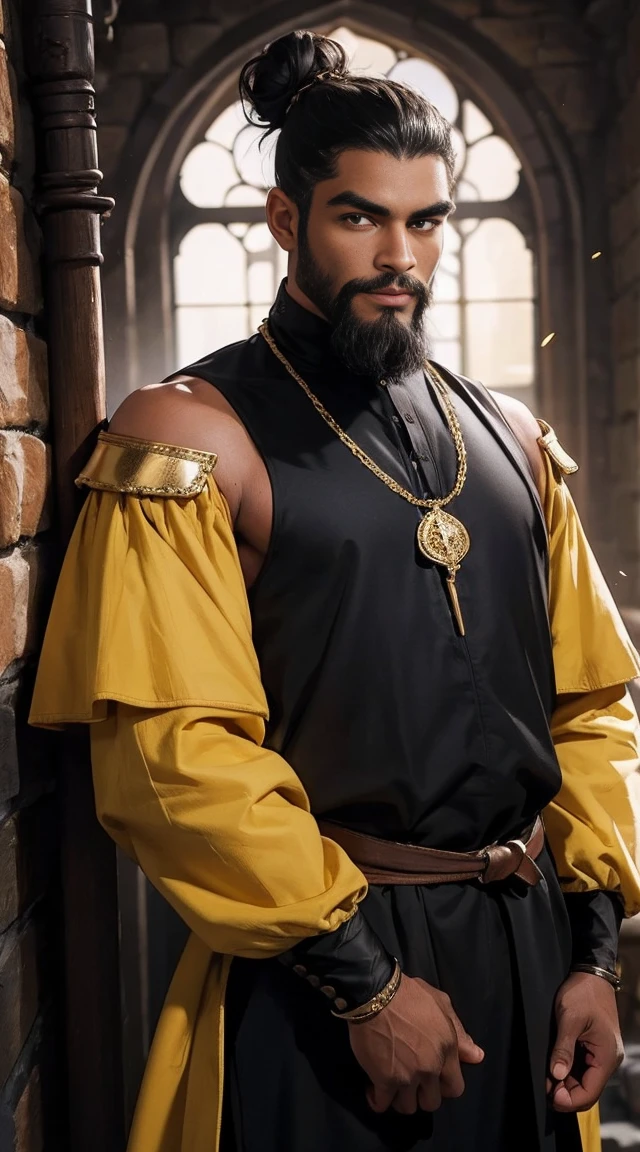 A black man of 50 years old, strong and happy expression, strong eyebrows, yellow eyes like gold, long shoulder-length black hair with a high bun, well groomed beard. He use medieval clothes 16k, best quality of image