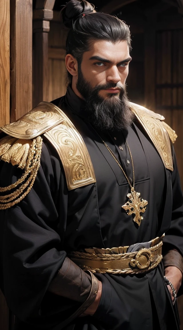 A black man of 50 years old, strong and happy expression, strong eyebrows, yellow eyes like gold, long shoulder-length black hair with a high bun, well groomed beard. He use medieval clothes 16k, best quality of image