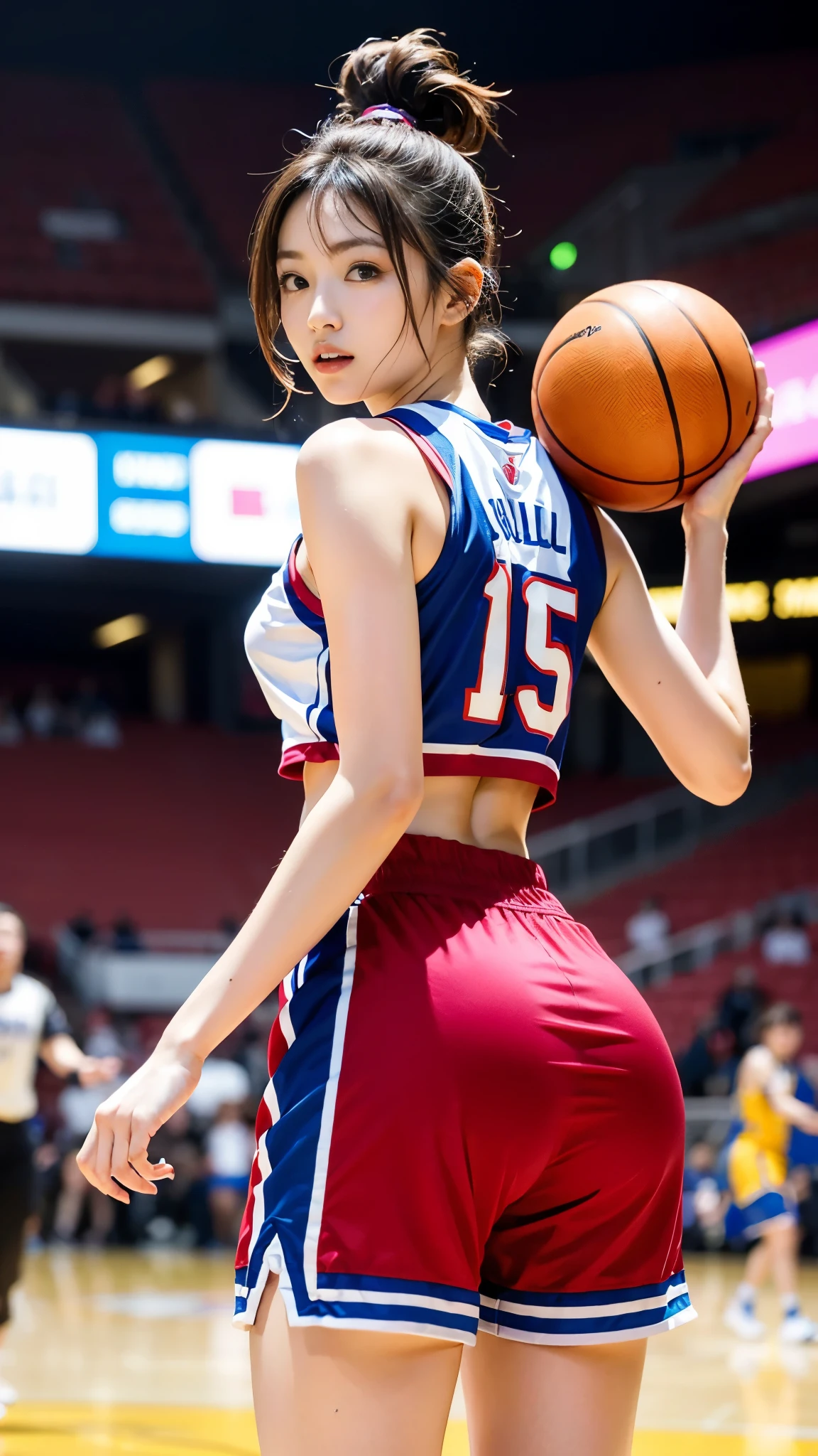 (((perfect anatomy))),(((A beautiful basketball player with outstanding style is jumping shooting in front of the goal in a large basketball arena filled with spectators.))),A full-body photo of the moment he hit a three-point shot with perfect form while wearing a running shirt with a large number on his back and basketball shoes.,A photo of a beautiful basketball player wearing a purple and white uniform looking forward and shooting.,(((Ulsan-6500))),(((Beautiful background bokeh with deep depth of field created by Hasselblad))),sexy waist,masterpiece,highest quality,ultra high resolution,high detailed portrait,tall nose and beautiful face,limbs like a model,The fair-skinned nape of the neck is dazzling,(((Her slim waist and stunning hips are a beauty that captivates everyone who sees her.))),Pull your chin back, keep a low stance, and run with brilliant steps.,((A dynamic photo taken from behind)),cute 20 year old, Her long, beautiful, lustrous chestnut hair is tied up in a bun, and the nape of her neck is cute.,(Her proud F cup breasts shine),long eyelashes and large eyes,,Clear double eyelids,((Glossy thick lips)),perfect anatomy,
