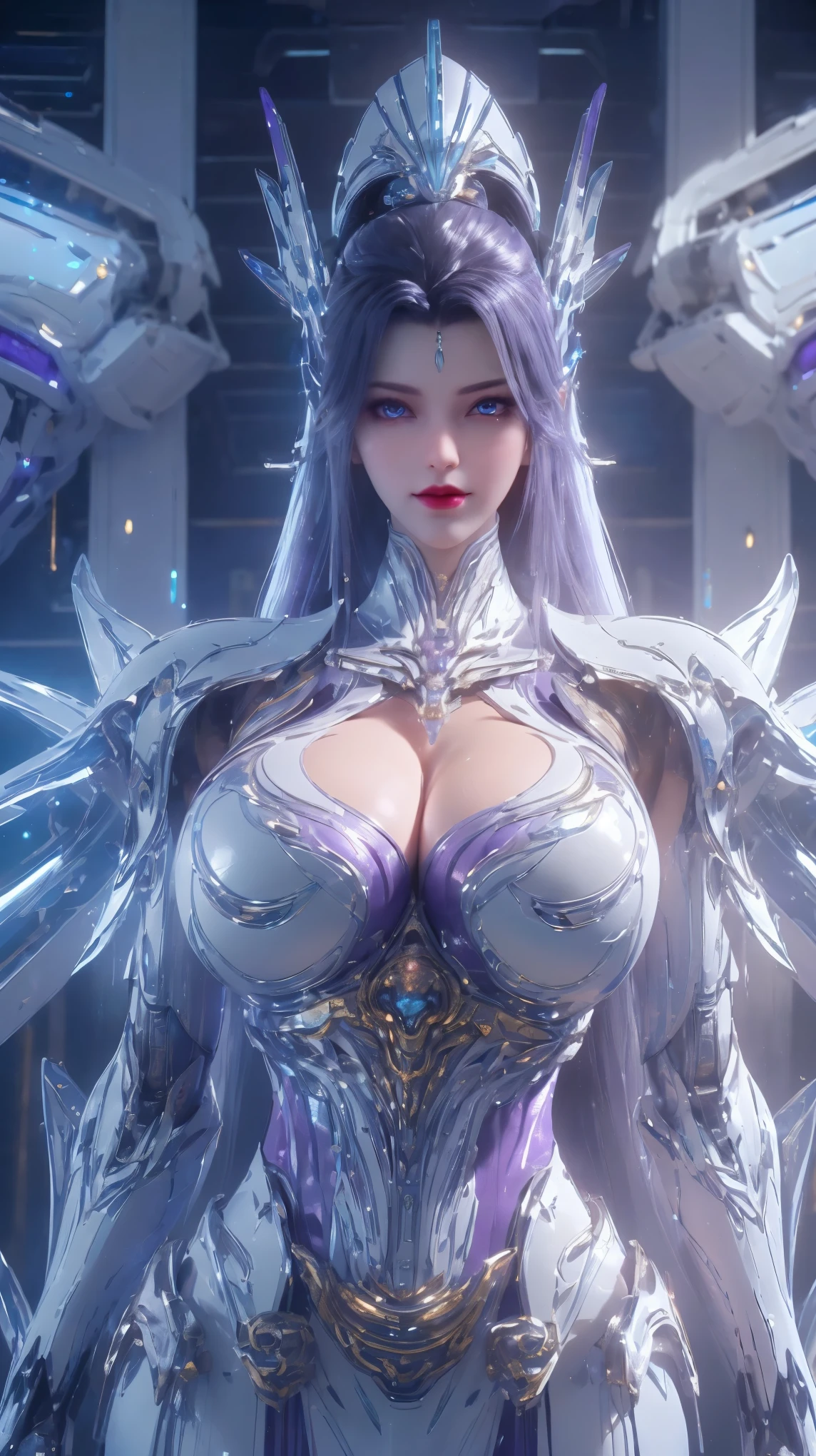 UPPER BODY,CLOSE UP HALF BODY,SOLO,LED BODY,(BEAUTY WHITE HAIR,MECHA GOLD PHOENIX HELM), (HUGE FAKE BREASTS,CLEAVAGE TOP,MUSCLE ABS:1.5), ((WEARING  (BLUE,PURPLE,WHITE) SHINY FUTURISTIC MECHA MINI BIKINI:1.5)),((MUSCULAR PERFECT BODY MATURE WOMAN:1.6)), (SWEATY GLOSSY BODY:1.4), (LOOKING AT VIEWER:1.6),(BACKGROUND OF FUTURISTIC SPACE STATION:1), (PHOTOREALSITIC:1.4), (ULTRA-DETAIL), (TOP-QUALITY), (BEST SHADOWS), (​MASTERPIECE), BRIGHT LIGHT IN ROOM, HYPER TEXTURE, (4X MSAA), ((UNREAL ENGINE 5 RENDER)), PHYSICALLY-BASED RENDERING, ULTRA HIGHT DEFINITION, 16K, 1080P.