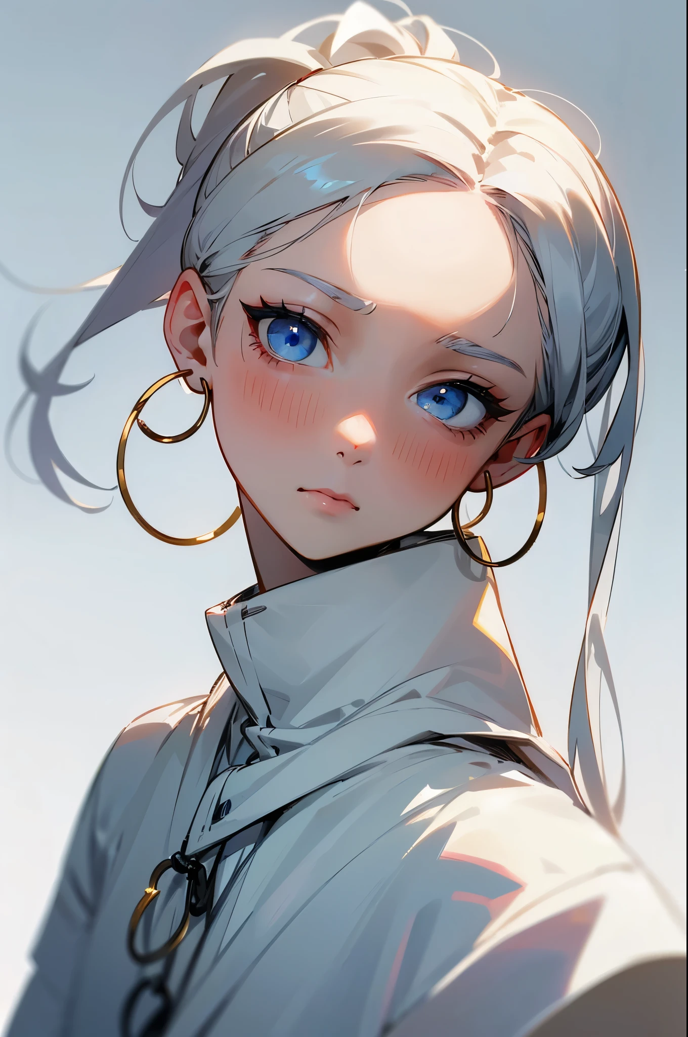 best quality, absurdres,masterpiece,[white|yellow] hair, Ponytail,blue eyes,white clothes, upper body,close-up,front,Delicate facial features,simple background,adjusting hair,head tilt,hoop earrings,looking at viewer,looking back,sad,smooth skin,white dress,garden background, pale skin, melancolic stare, baggy eyes, slightly blush, mature face,sharp traits