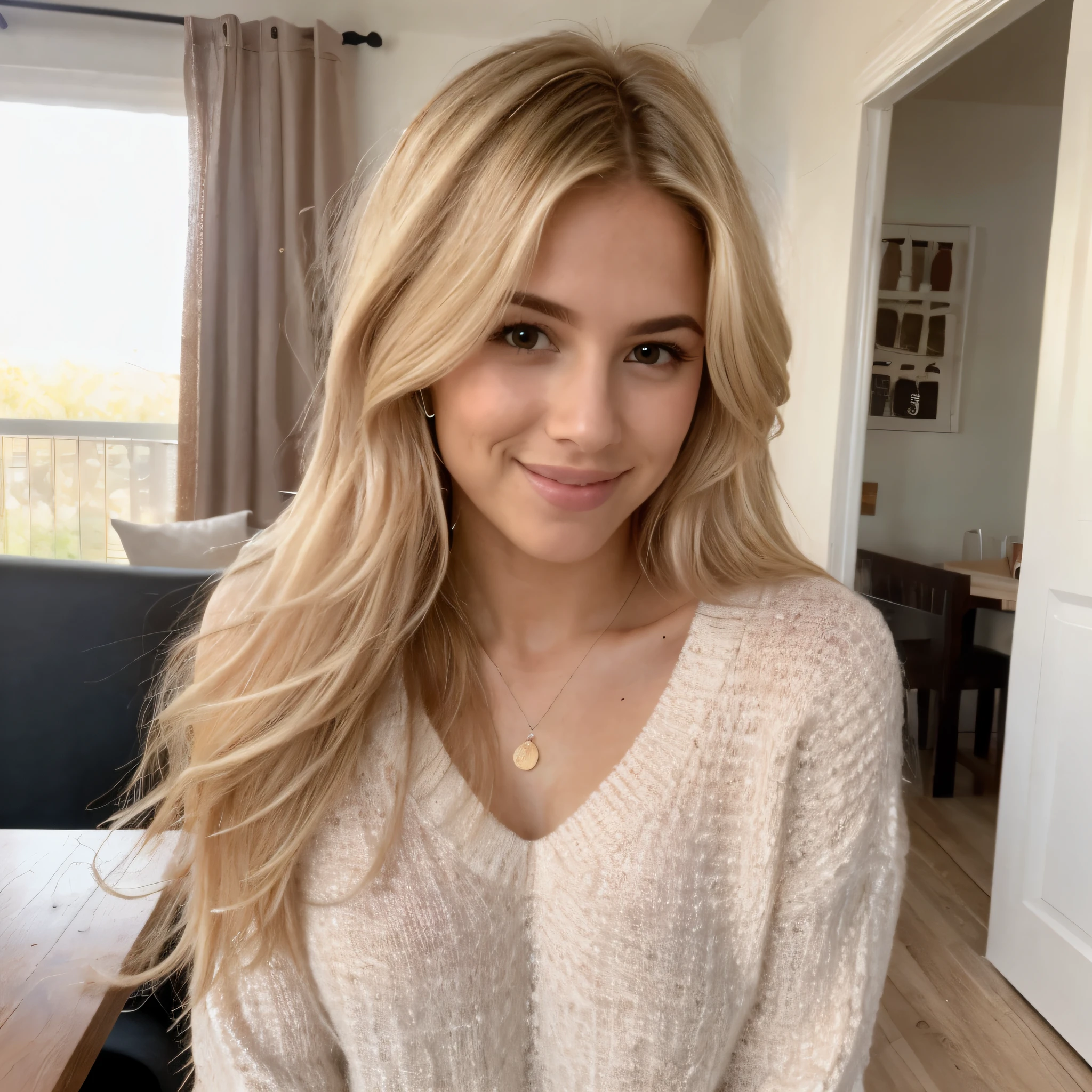 A 23-year-old blonde woman, ((pechos grandes)), ((hiperrealismo)) ,. blonde hair with light brown roots. cabello rubio, Hair with brown roots, cabello extra largo, cabello muy largo, really long hair, Beautiful, Front view, photo taken with HD camera, elegant pink sweater with low cut, cafe scene, lip gloss, sunny day, HD photo, high quality, HD, huge breasts, shy smile, ultraHD