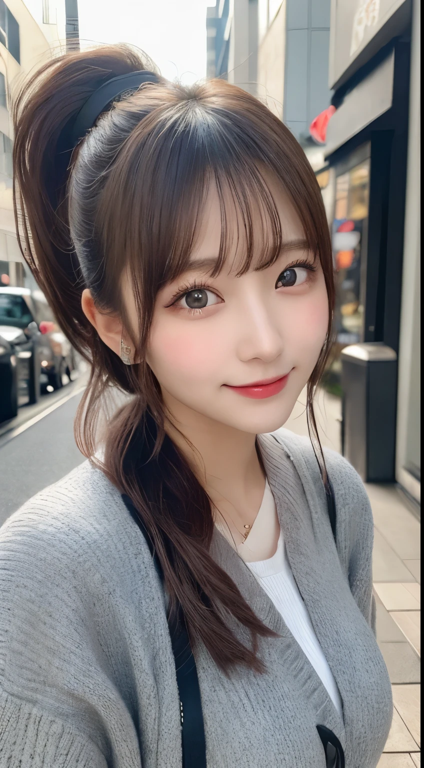 table top, highest quality, shape, Super detailed, finely, High resolution, 8k wallpaper, 完璧なダイナミックな構shape, beautiful and detailed eyes, Trendy Women's Winter Fashion,ponytail,small breasts natural color lip, sexy pose,smile,Harajuku、20 year old girl、sexy look for the camera,Blur background