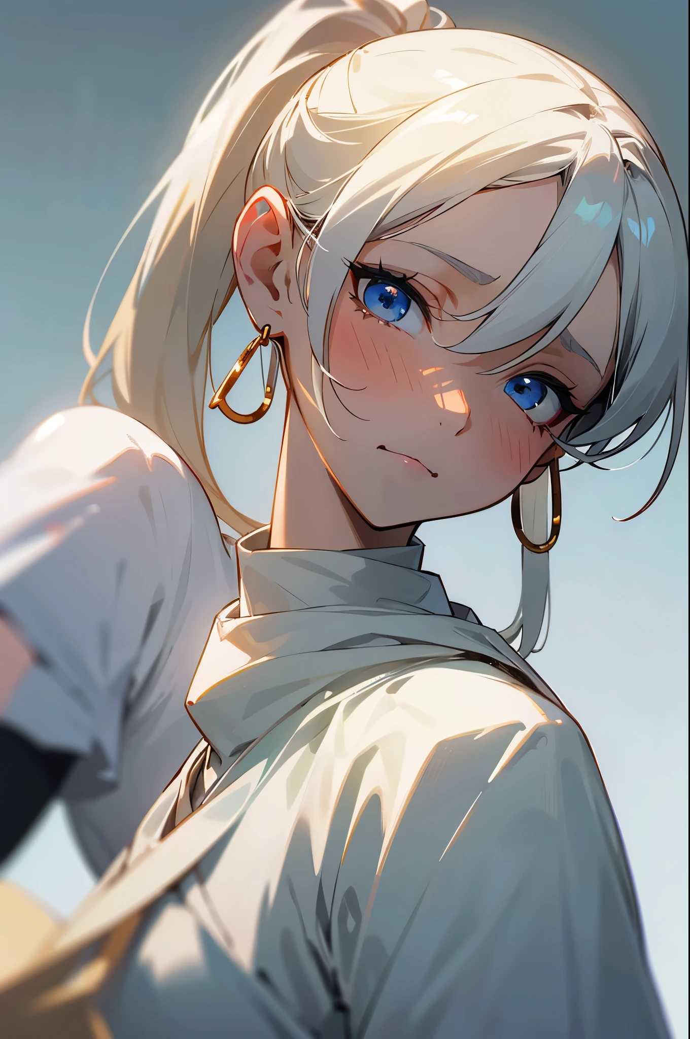 best quality, absurdres,masterpiece,[white|yellow] hair, Ponytail,blue eyes,white clothes, upper body,close-up,front,infront glance,Delicate facial features,simple background,adjusting hair,head tilt,hoop earrings,looking at viewer,looking back,sad,smooth skin,white dress,elegant garden background, pale skin, melancolic stare, baggy eyes, slightly blush, mature face,sharp traits