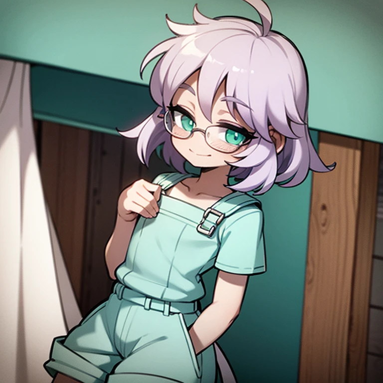 femboy, white, pastel violet hair, seafoam green eyes, goggles on hair, pastel violet shirt, seafoam green overalls, brown boots, happy face, winking, portrait, white background