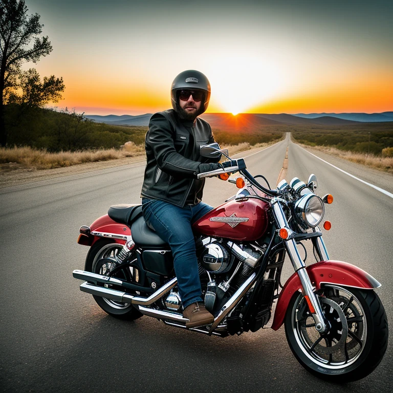 (best quality,highres),Lovely man,leather rider jacket,Harley Davidson,motorcycle,endless journey,highway,adventurous,windblown,handsome,fierce look,bearded,cool shades,open road,freedom,dusty,scenic views,vibrant colors,beautiful sunset,excitement,thrilling experience,adrenaline rush,roaring engine,leather gloves,high speed,rugged,masculine,unstoppable,exploration,confidence,passion,road trip,vintage,vibrant atmosphere,biker culture,gritty,edgy,exhilarating ride,feeling of freedom,unforgettable memories,heart-pounding moments,spontaneity,motorcycle enthusiast