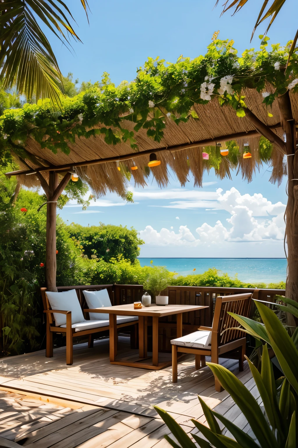 A scene themed around a tropical beach holiday in Sommer. Umgeben von Palmen und Kokospalmen, Beach with many tables and chairs under the canopy, Strandbar, Strand-Umgebung, pleasant pleasant atmosphere, Nah am Strand, Wunderbares Meisterwerk, pleasant atmosphere, Beautiful surroundings, Outdoor environment, Sommer, Sommer morning sun, Cozy surroundings, Tabelle im Hintergrund, Rustikale Umgebung, strahlende Mittagssonne, Meer im Hintergrund, Outdoor lighting during the day (Strand 1.5), tropische Pflanzen, hot weather, HD-Details, Hyper-Detail, Kino, Surrealismus, Sanftes Licht, Raytracing, diffus (ultrafeine Glasreflexion) and Surrealismus.