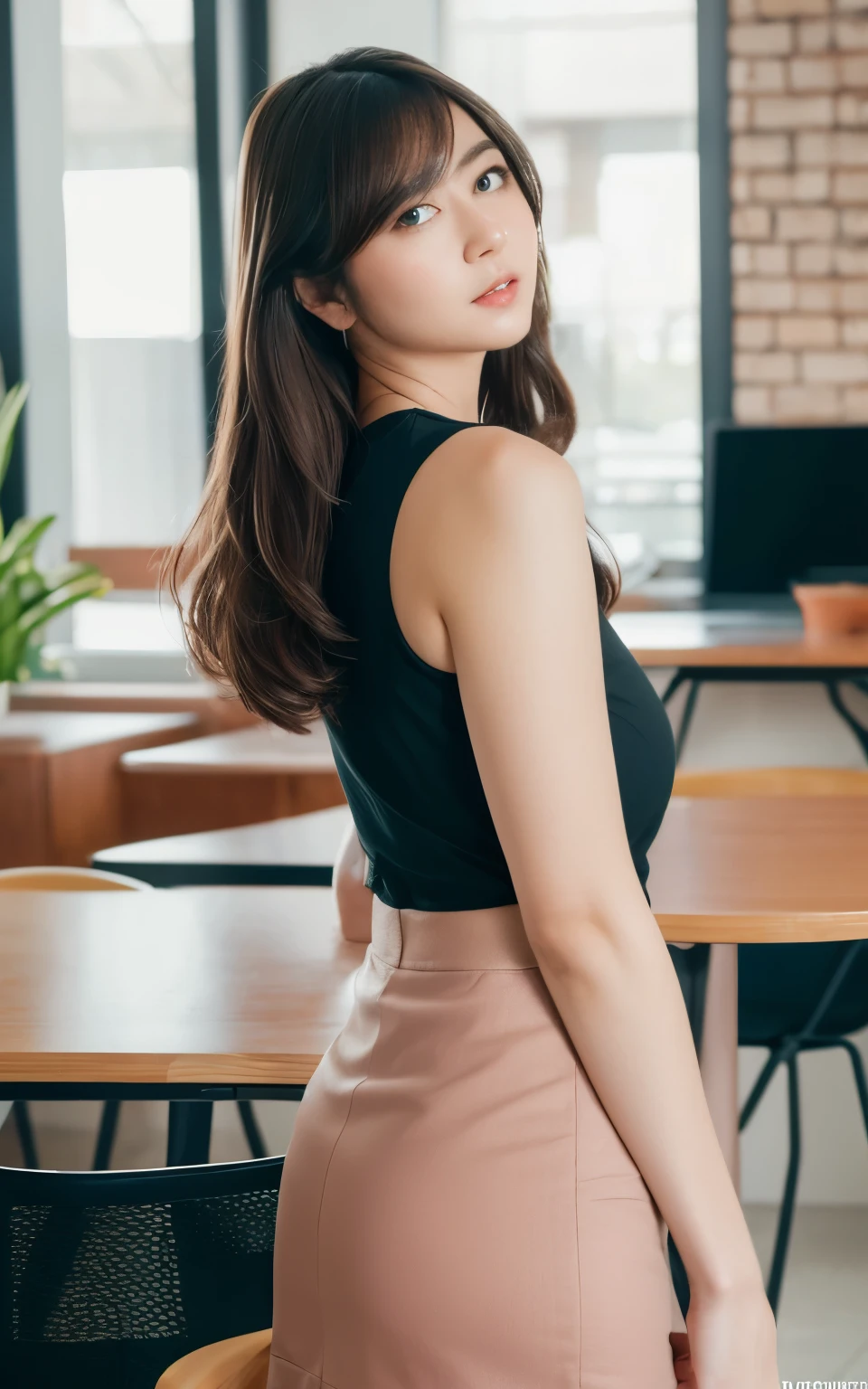 extremely detailed CG unity 8k wallpaper, best quality, ultra-detailed, masterpiece, realistic, photo realistic, extremely detailed cute girl, 25years old, (secretary), large breasts , blush, parted lips,  , pencil skirt , office, desk ,  half body shot ,