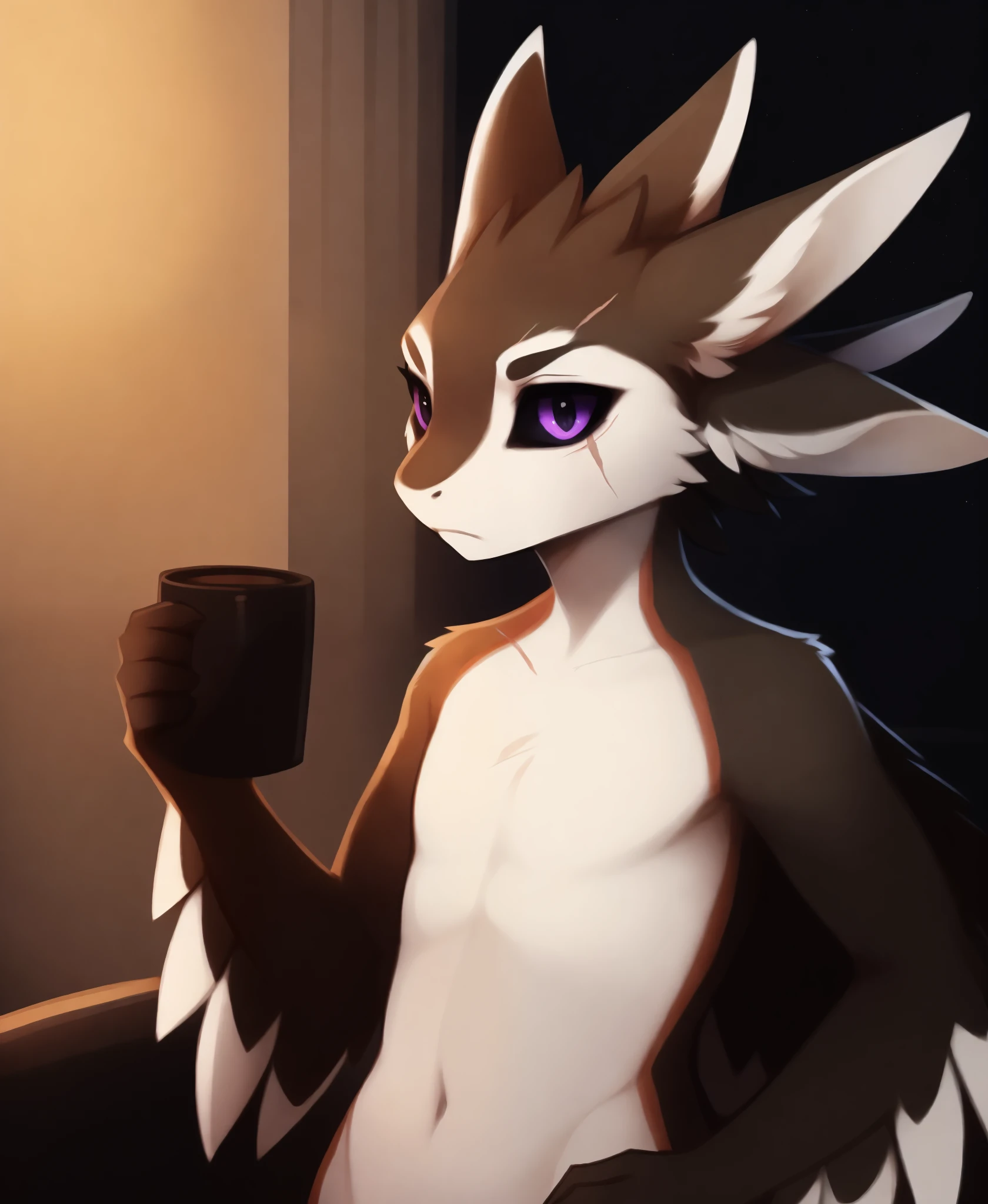 by dagasi, by hyilpi, by syvaron, by spaal, by bebebebebe, by photonoko, ((by silverfox5213, face closeup, headshot portrait, headshot)), (realistic:1.2), solo, anthro, sitting on sofa, leaning on elbow, nude, flat chested, ((profanity, angry, looking at viewer, edgy)), big tail, fluffy tail, cheek tuft, tuft, bedroom, furniture, window, night, starry sky, holding object, holding cup, glass cup, cup of coffee, coffee cup,
(darkest dungeon style, depression, sad, teary eyes, scar:1.35),
fyr784, (avali, 4 ears, multi ears:1.2), purple eyes, black sclera, black body, white body, white feathers, anthro, standing, hands on hips, posing, (male, girly, black hands, black fingers, feathered wings, winged arms), (fyr \(fenrir784\):1.1), avali \(original\), big eyes, ((black sclera, purple eyes)), black body, white belly, white face, black and white fur, (girly, slim, skinny, slim body:1.3),
(hi res,absurd res, best quality, high quality:1.4),