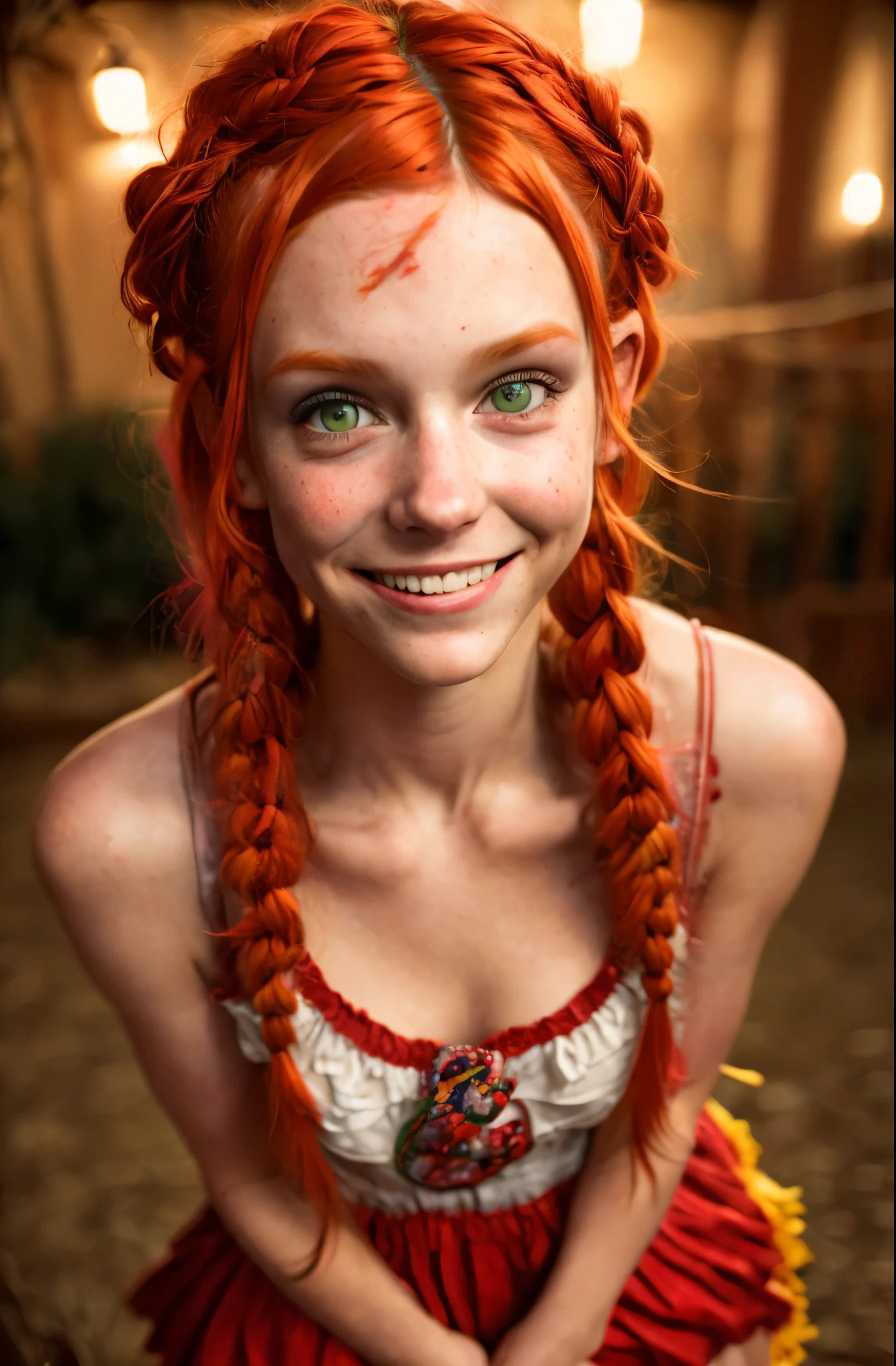 Ultra detailed image of 18 years old Pippi Longstocking, mischievous eyes, long red messy and braided hair, sexy, sloppy look, short skirt, in dinamic, smiling, vivid colors, intricate details of her beautiful eyes and perfect face, rim light.