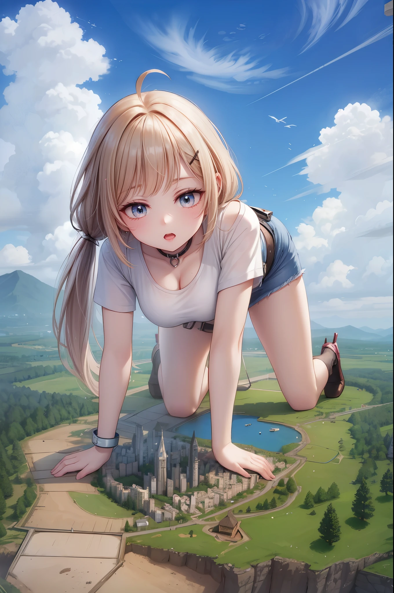 giantess, (closeup breasts and face), (all fours: 1.2), (below view: 1.2), (sky and clouds background: 1.2), shali1, low twintails, long hair, ahoge, x hair ornament, choker, crop top, off-shoulder shirt, white shirt, black gloves, single glove, wristband, denim shorts, belt, hip pouch, boots, white socks, cleavage, hills, cliffs, mountains, foreshortening, (earth continent from sky view: 1.1), (village city from sky view: 1.1)