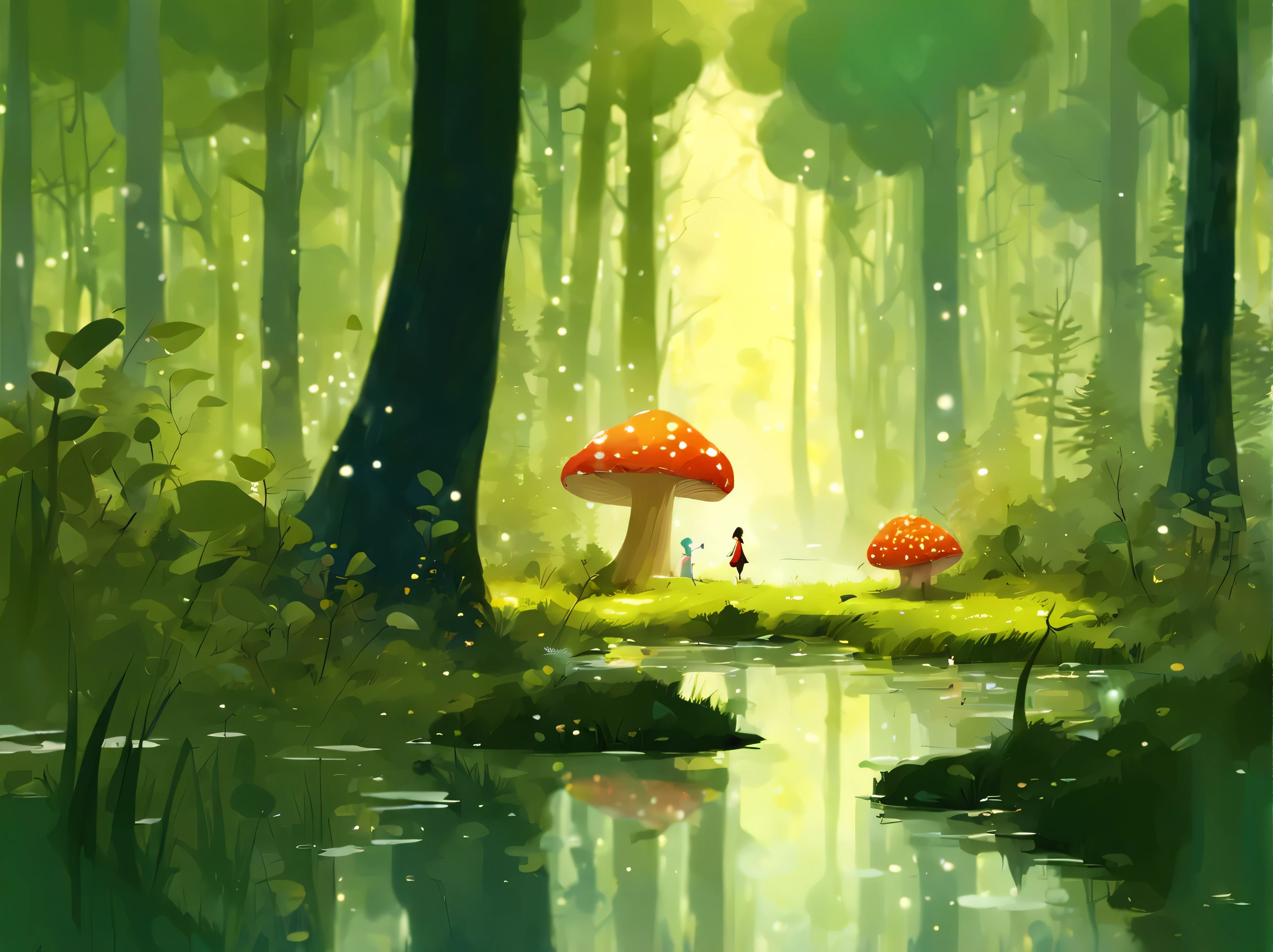 Pascal Campion Style - A fantasy forest scene,trees,mushroom,woods,grass,river