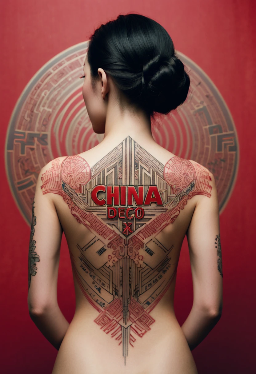 tattooed on a woman's back, Txt that says, "China". art deco, year 2040, subtle zentangled art deco, cinematic, red.....by my self....lol....