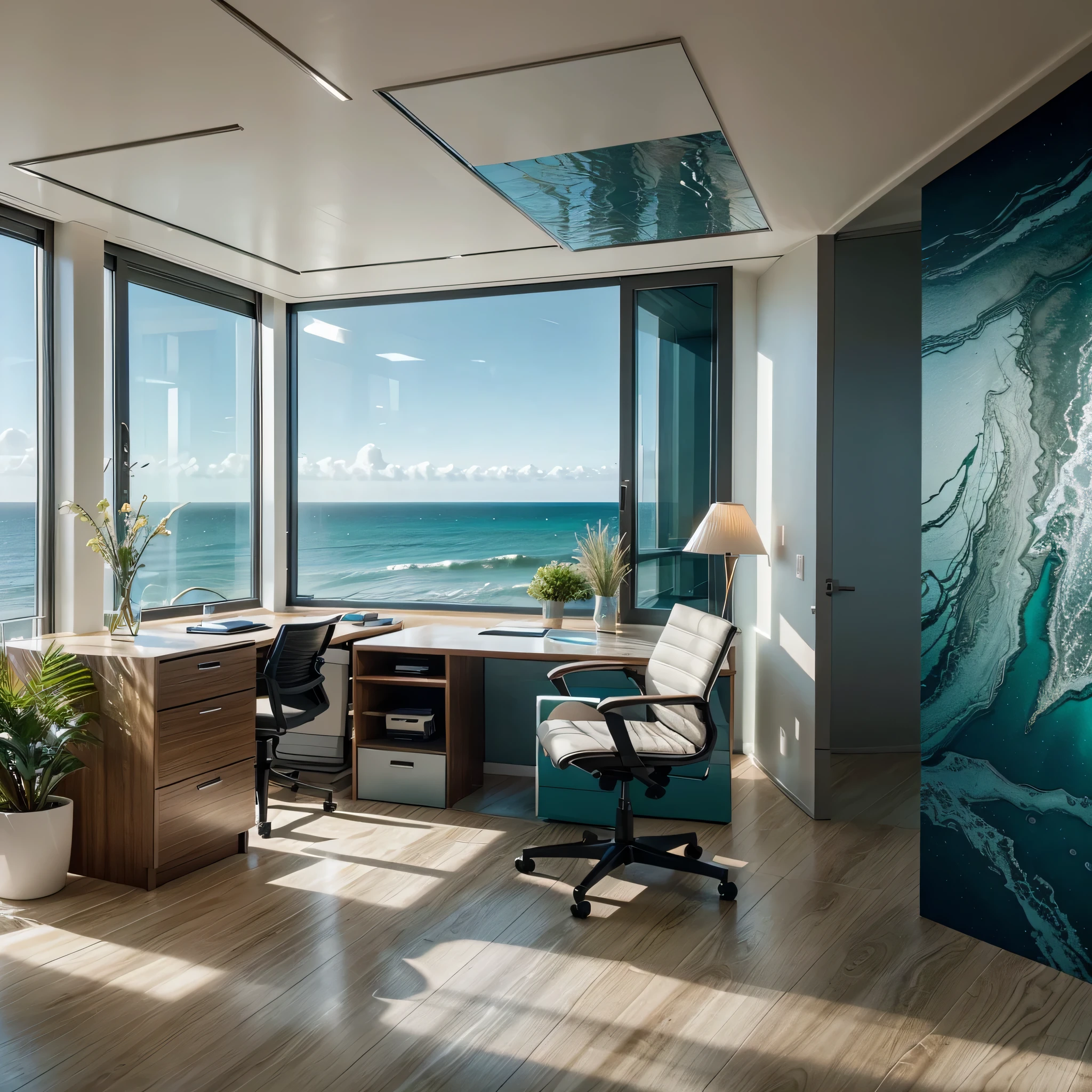 "Craft a hyper-realistic cinematic representation of a modern office interior using SeaArt.ai. Emphasize the coastal theme by seamlessly integrating elements of marine-inspired design into the office space. Incorporate natural textures, soothing color palettes, and innovative office furniture that complements the sea-inspired aesthetic. Pay close attention to lighting effects to enhance the ambiance and create a visually stunning scene that combines the tranquility of the ocean with the functionality of a contemporary workspace."





