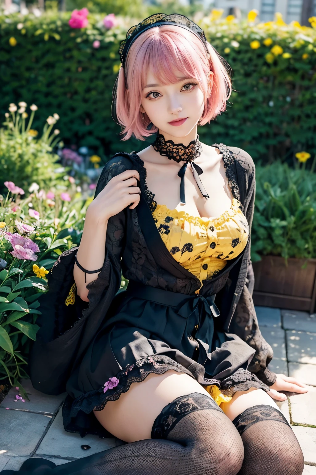 (8K, top-quality, masterpiece:1,2), (reallistic, Photorealsitic:1.37), Super Detail, One girl,), (Highly detailed), (beautifully detailed eyes), (of the highest quality), (super detailed ), (masterpiece), (Detailed face),20yr old, ,1 girl, ((pink hair,Very short hair)), medium breasts, clothed, Perfect Lighting, BREAK (yellow gothic lolita:1.4), (black lace cardigan:1.3), (yellow floral dress:1.3), fluffy skirt, tight top, black ribbon, black button, (black knee socks:1.2), black loafer, black headband, black earring, BREAK bangs on left side, tuck hair behind right ear, black headband, smile, eyes look at camera, right hand lift black lace cardigan, left hand cross in front of chest, flower garden, colorful flowers, mostly pink and yellow, match hair and dress, natural light, sun light up garden, soft light on face, few shadows, bright atmosphere