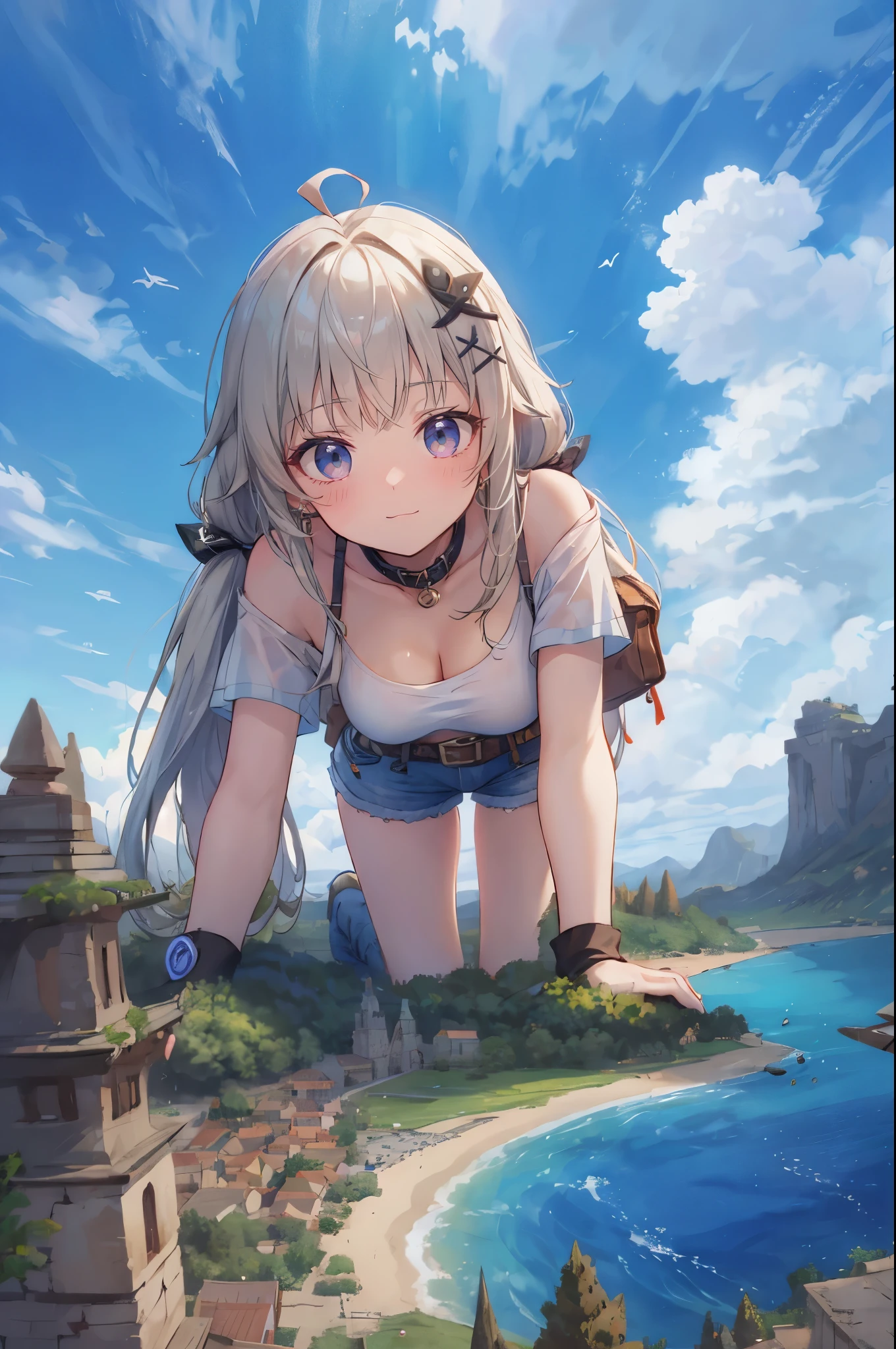 giantess, (closeup breasts and face), (all fours: 1.2), (below view: 1.2), (sky and clouds background: 1.2), shali1, low twintails, long hair, ahoge, x hair ornament, choker, crop top, off-shoulder shirt, white shirt, black gloves, single glove, wristband, denim shorts, belt, hip pouch, boots, white socks, cleavage, hills, cliffs, mountains, foreshortening, (earth continent from sky view: 1.1), (village city from sky view: 1.1)