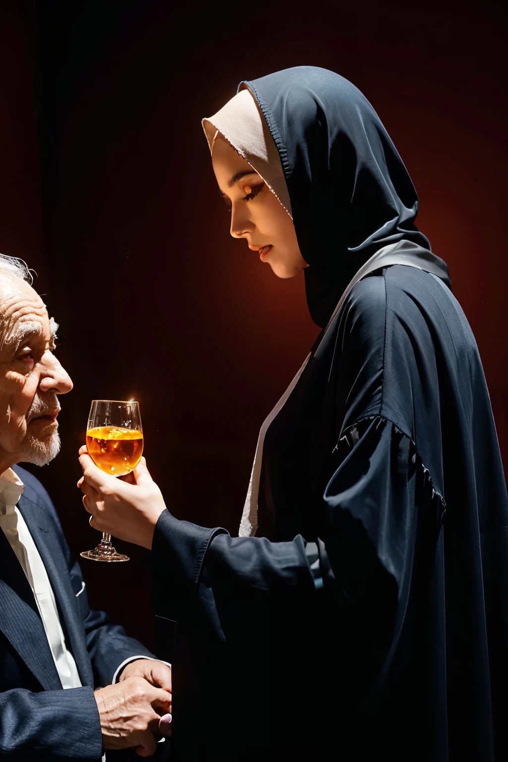 A young woman in a hijab, her face expressing a mix of reluctance and determination, forcefully holds a glass to the wrinkled, aged face of an old man. His eyes are closed, and his expression is one of confusion as he tries to understand why this is happening. The scene is dimly lit, and the glass, filled with an amber-colored liquid, reflects the soft glow of the surrounding lamplight. The woman's full-length abaya, in a rich shade of burgundy, contrasts against the old man's muted gray sweater and worn trousers. Her eyes, framed by the hijab, are intent and focused, her hands, though