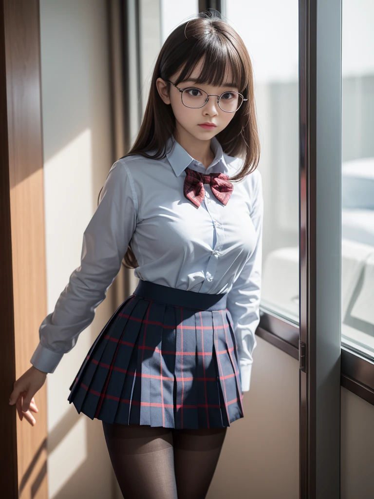 (I see underwear)、((Narrow-eyed))、((Narrow-eyed))、((Narrow-eyed))、(8K、Raw photography、top-quality、masterpiece:1.2),、Has a small、(flat breast)、(flat breast)、(flat breast)、(flat breast)、(flat breast)、(being thin)、light skinned、skin whitening、Dark look、Rasping,glamor,Chromo-white skin,cocky,School,watching at viewers,Looking at the front,Muchimuchi,High-pitched clothing,Erotic,Pupils,de pele branca,kne,((Black pantyhose)),absurderes,a small face,,Forehead visible,Bangs hanging from the left and right sides of the forehead,(a cold expression,Tight eyes,glares,Bullish,irate)、masterpiece,top-quality、超A high resolution,Raw photo,ren,Beautiful fece,One Person, 独奏,eye glass,,Dark look,Small breasts,fullllbody,Round glasses,JK school uniform,hi-school girl,A Japanese Lady, Standing,(Photorealsitic:1.37)、Photon mapping,Realistic、Beautie,Cute little face,Brown-eyed、Black socks、(Red bow tie)、Radio City、Physically Based Rendering、depth of field rally background、a picture,Body,beauty legs, Long legs, Thin leg,(Bangs are visible), hair, s lips, Blue_The eye, nosesoft,(Light blue shirt), (Navy and blue and white plaid pleated skirt), Knees are visible,Sheer clothing,, Thigh, Black cotton socks,Nogizaka Idol, , Japanese ido