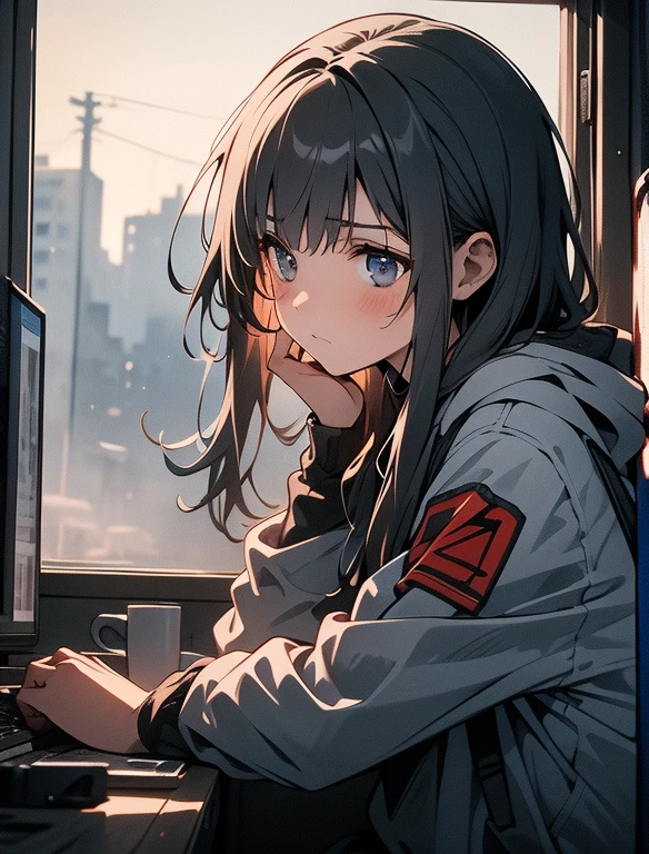 Screen description：A beautiful 20-year-old girl lowers her head，Finger sliding on computer， wear：Shabby gray dress，脚上wear破烂的鞋子 位置：Sitting by the window of the refugee shelter， expression：The eyes were blank，The corners of the mouth droop slightly，frowning behavionger slides on the optical brain，Seems to be looking for some environment：The walls of the refugee shelter are gray，some cracks and stains，Outside the window is a piece of loess and rocks，The sky is gray，cyberpunk