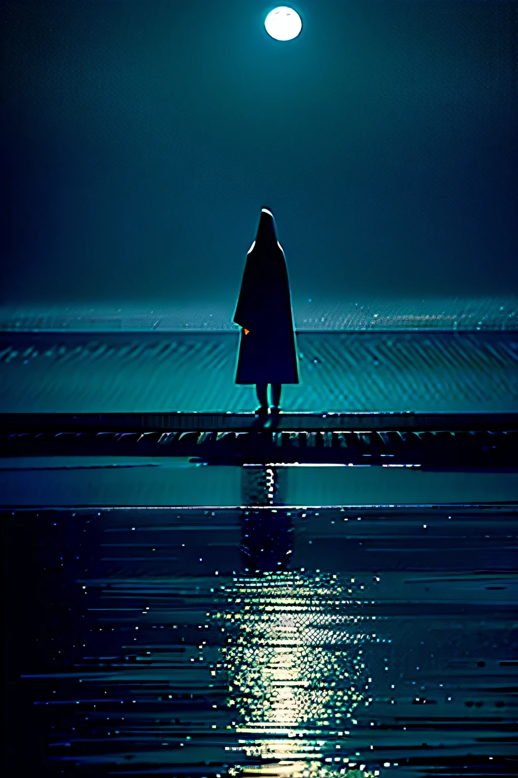 color photo of "Soft/Dark/Slow Ambient Music Collections"
A mesmerizing, blue-hued photo transports the viewer into a realm of serene melancholy. The image showcases a vast, open expanse of a tranquil nighttime seascape. The moon shines brightly overhead, casting a gentle, ethereal glow upon the calm, indigo waters. Wisps of mist rise from the surface, adding an enchanting touch to the scene. A lone figure stands on the shore, their silhouette blending with the darkness, lost in contemplation. The soft, velvety texture of the water reflects the starry sky, creating a surreal atmosphere. The overall blue palette evokes a sense of tranquility, while the subtle hints of darkness bring an introspective depth to the composition.

Camera Settings:
Camera: Canon EOS R
Film: Fujifilm Pro 400H
Lens: Canon RF 24-105mm f/4L IS USM
Techniques: Long exposure, capturing the stillness and subtle movement of the sea

Unlikely Collaborators:
Directors: Wong Kar-wai, Andrei Tarkovsky, Lars von Trier
Cinematographers: Roger Deakins, Hoyte van Hoytema, Christopher Doyle
Photographers: Alexey Titarenko, Hiroshi Sugimoto, Sarah Moon
Fashion Designers: Gareth Pugh, Iris van Herpen, Yohji Yamamoto

—c 10 —ar 2:3