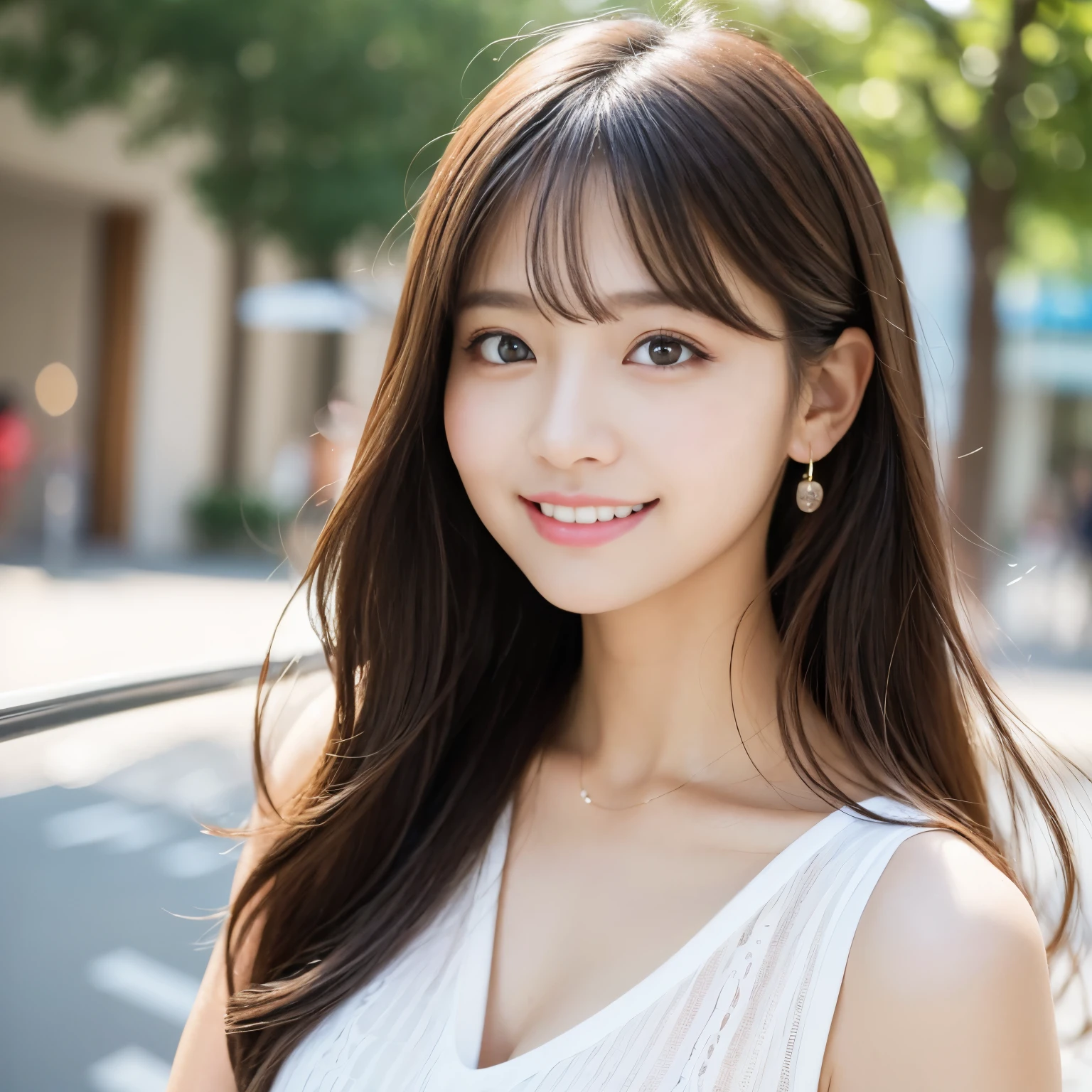 table top, highest quality, shape, Super detailed, finely, High resolution, 8k wallpaper, 完璧なダイナミックな構shape, beautiful and detailed eyes, spring ladies fashion、fresh、wavy hair、natural color lip,the best smile when you look at me、pregnancy、the most beautiful white teeth、Harajuku、20 year old girl、cute、sexy shot looking at camera、(upper body photo:1.1)、(accurate anatomy:1.2)、(blurred background、girl portrait photography)
