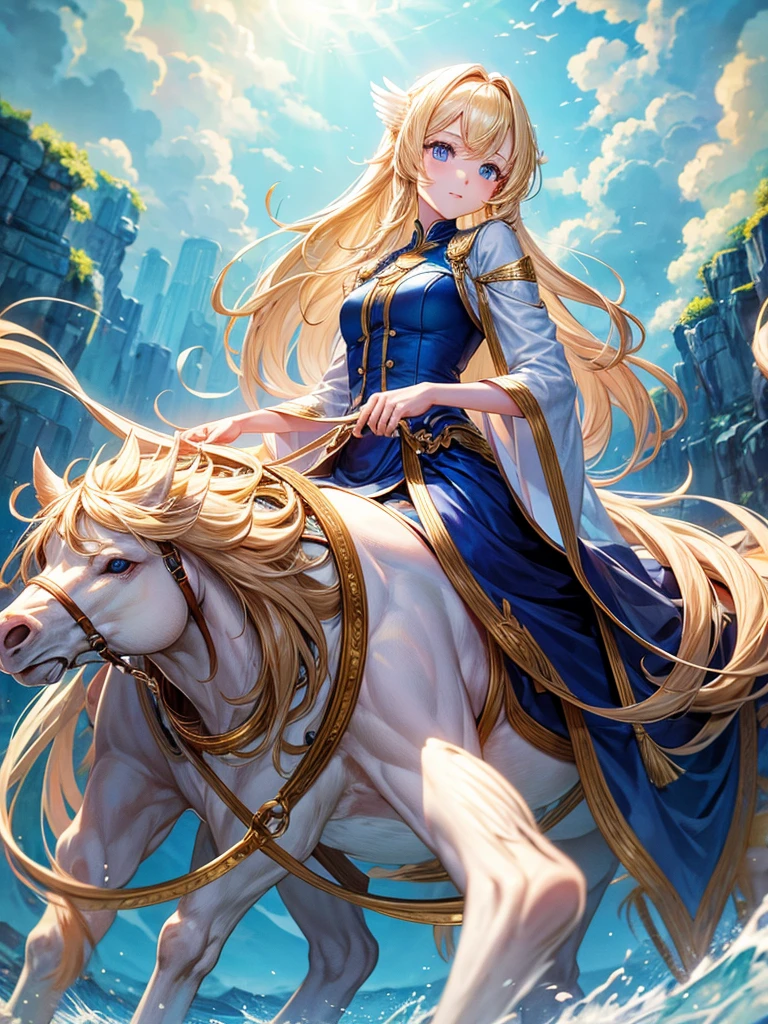 riding a bird、golden long hair、blue eyes、Absolutely beautiful