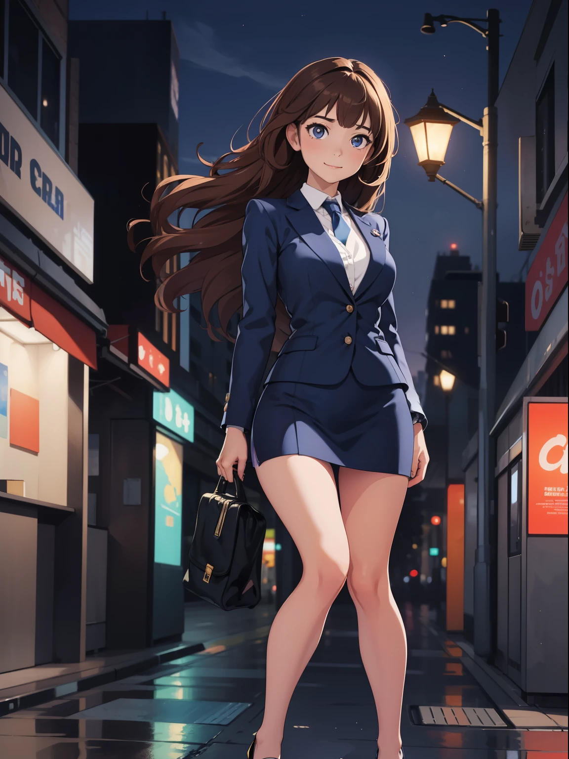 ((masterpiece)), ((best quality)), ((highres)), 1girl, solo, reporter, bare legs, looking at viewer, light particles, city backdrop, perfect hands, perfect eyes, perfect legs, perfect arms, perfect fingers, medium breasts, standing, brown hair, long hair, curly hair, matching shoes, high heels, hazel eyes, cute face, hair down, smirk, blue suit and tie, miniskirt, pencil skirt, comma hair, forehead comma hair, beautiful detailed eyes, full body shot