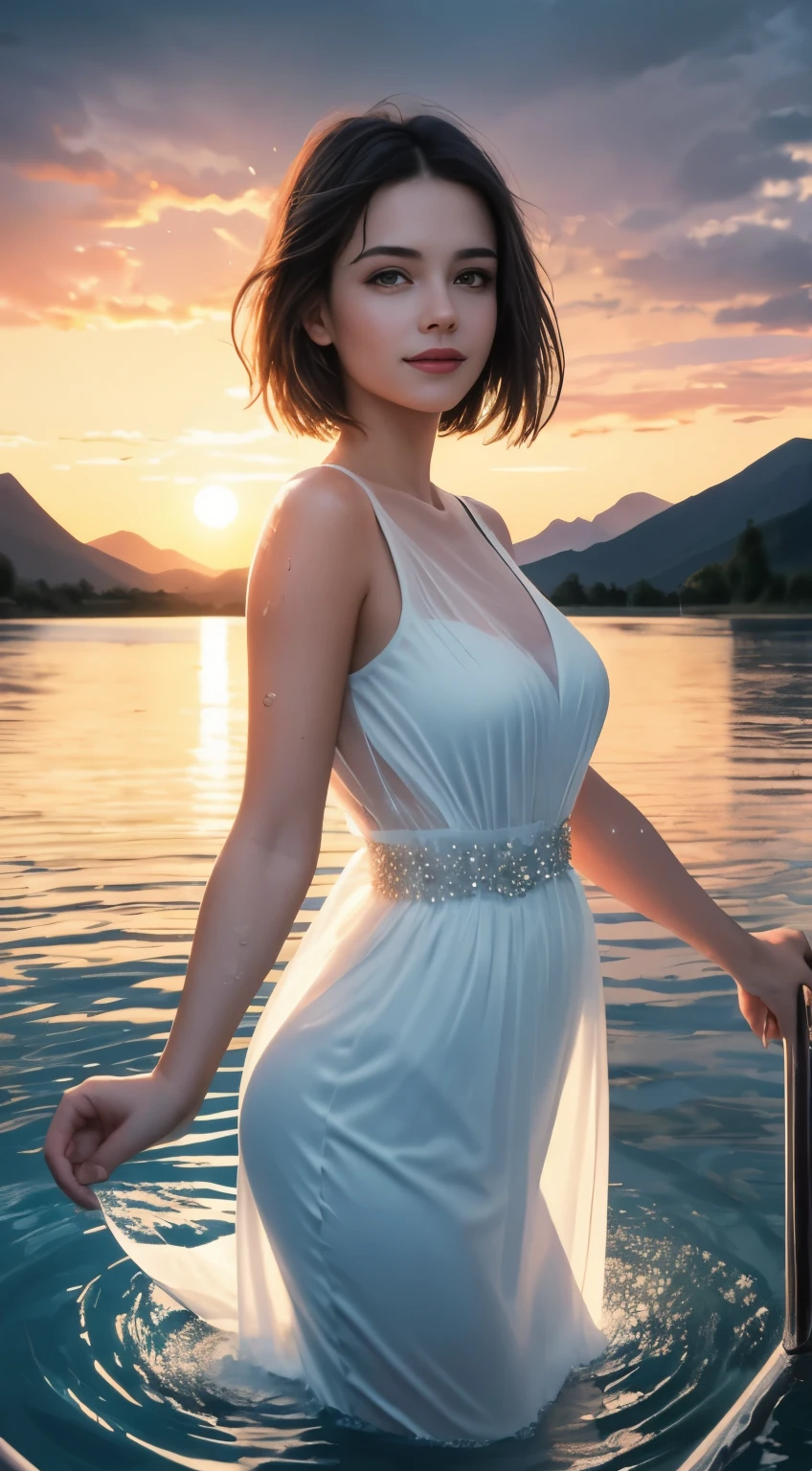 Japan Solo Idol,Pretty girl,A smile that makes the viewer happy,Dojo Character.Light brown and orange two-tone shorthair,Floating hair,Unkempt hair,Red cheeks,red lipsticks.Wet and sheer summer white dress,),(Sunlight,In the deep mountains,Rock,Snowmelt,Crystal clear water,Beautiful clear stream,)Bend over to play in the water.emphasized large swaying breasts,(The whole body is soaking wet,Soaking wet costumes ,wetting hair,Wet face,a wet body,Wet and glowing skin,)(Chest swaying from side to side:1.3), (masutepiece,top-quality,Ultra-high resolution output image,)