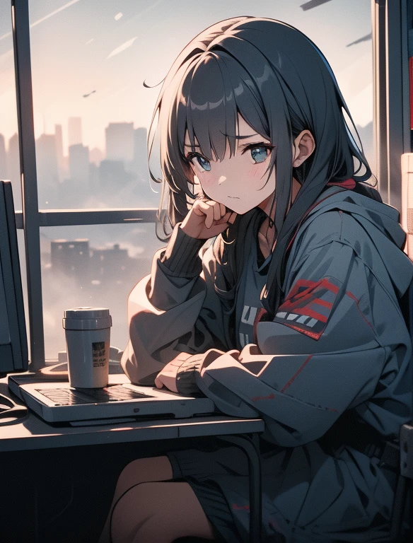 Screen description：A beautiful 20-year-old girl lowers her head，Finger sliding on computer， wear：Shabby gray dress，脚上wear破烂的鞋子 位置：Sitting by the window of the refugee shelter， expression：The eyes were blank，The corners of the mouth droop slightly，frowning behavionger slides on the optical brain，Seems to be looking for some environment：The walls of the refugee shelter are gray，some cracks and stains，Outside the window is a piece of loess and rocks，The sky is gray，cyberpunk