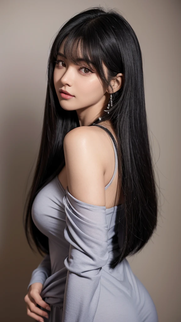 Close up de uma mulher em um vestido rosa posando para uma foto, com cabelo comprido preto com franja, Asian woman with long black hair with bangs, Garota japonesa com franja cabelo preto, pequenos seios, corte de cabelo longo preto com franja, seios pequenos, perfeito skin, cabelo molhado preto com franja, perfeito, Cabelo escuro preto com franja, olhos escuros, textura altamente detalhada do rosto e da pele, belos olhos, cabelo com franja preto, sorrindo, japonesa