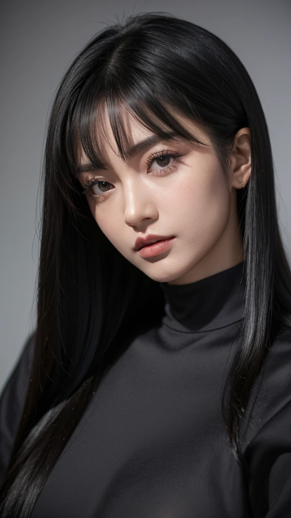 Close up de uma mulher em um vestido rosa posando para uma foto, com cabelo comprido preto com franja, Asian woman with long black hair with bangs, Garota japonesa com franja cabelo preto, pequenos seios, corte de cabelo longo preto com franja, seios pequenos, perfeito skin, cabelo molhado preto com franja, perfeito, Cabelo escuro preto com franja, olhos escuros, textura altamente detalhada do rosto e da pele, belos olhos, cabelo com franja preto, sorrindo, japonesa