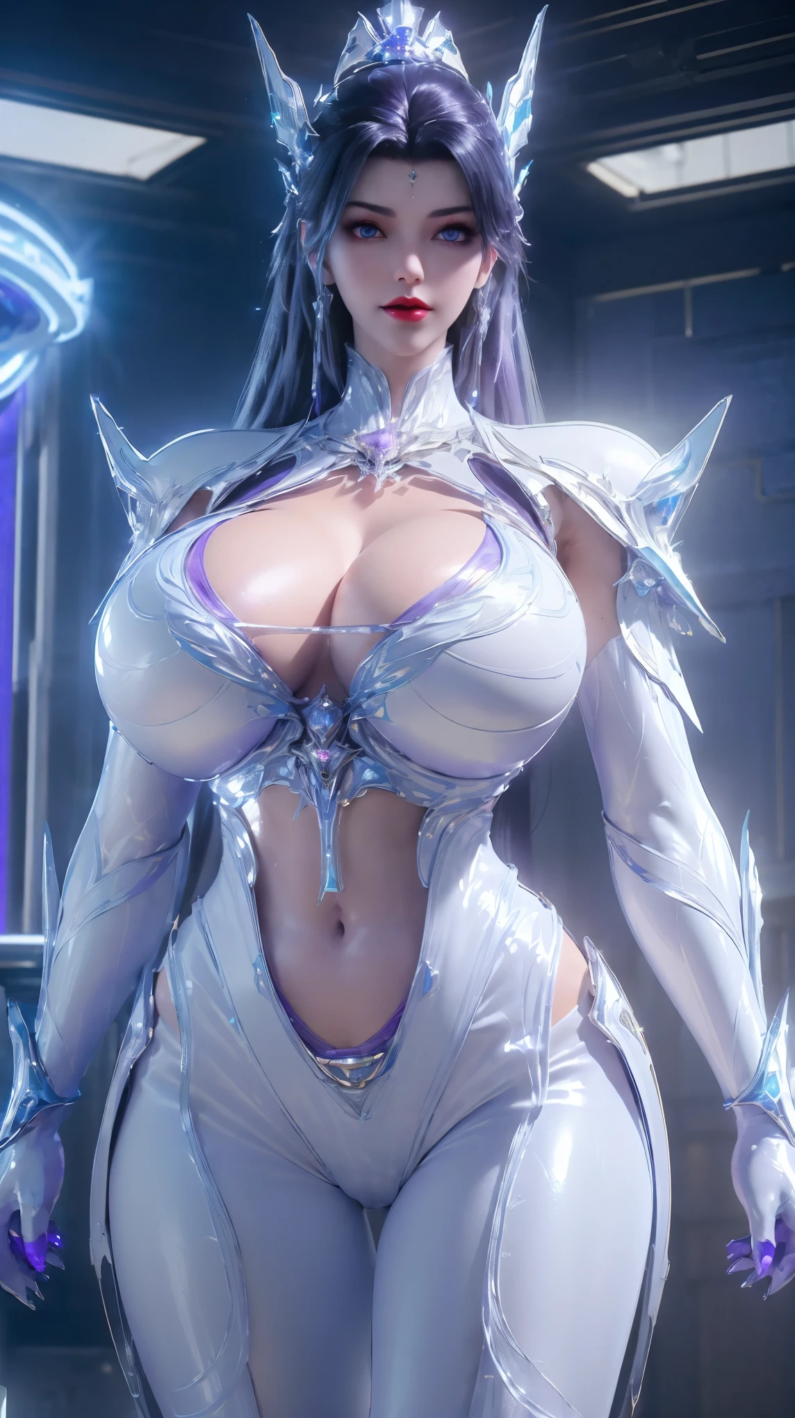 UPPER BODY,CLOSE UP HALF BODY,SOLO,LED BODY,(BEAUTY WHITE HAIR,MECHA GOLD PHOENIX HELM), (HUGE FAKE BREASTS,CLEAVAGE TOP,MUSCLE ABS:1.5), ((WEARING (BLUE,PURPLE,WHITE) SHINY FUTURISTIC MECHA MINI BIKINI:1.5)),((MUSCULAR PERFECT BODY MATURE WOMAN:1.6)), (SWEATY GLOSSY BODY:1.4), (LOOKING AT VIEWER:1.6),(BACKGROUND OF FUTURISTIC SPACE STATION:1), (PHOTOREALSITIC:1.4), (ULTRA-DETAIL), (TOP-QUALITY), (BEST SHADOWS), (MASTERPIECE), BRIGHT LIGHT IN ROOM, HYPER TEXTURE, (4X MSAA), ((UNREAL ENGINE 5 RENDER)), PHYSICALLY-BASED RENDERING, ULTRA HIGHT DEFINITION, 16K, 1080P.
