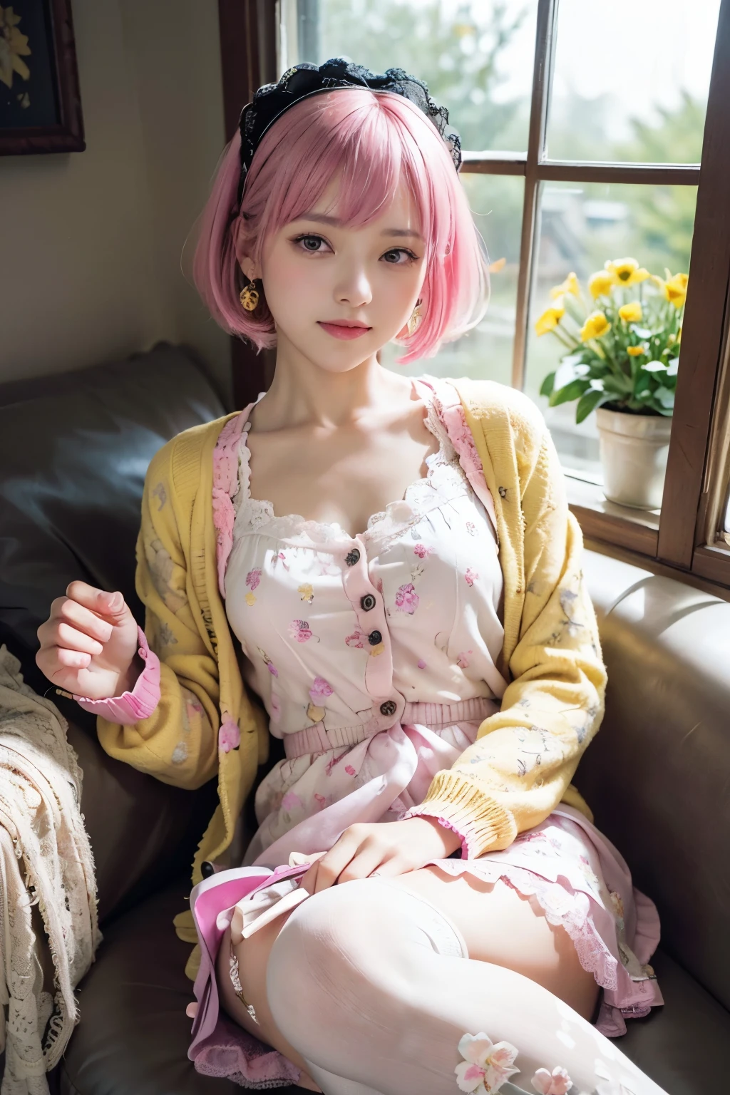 (8K, top-quality, masterpiece:1,2), (reallistic, Photorealsitic:1.37), Super Detail, One girl,), (Highly detailed), (beautifully detailed eyes), (of the highest quality), (super detailed ), (masterpiece), (Detailed face),20yr old, ,1 girl, ((pink hair,Very short hair)), medium breasts, clothed, Perfect Lighting, BREAK (yellow gothic ta:1.4), (pink lace cardigan:1.3), (yellow floral dress:1.3), fluffy skirt, tight top, flower ribbon, pink button, (pink knee socks:1.2), black loafer, black headband, black earring, BREAK bangs on left side, tuck hair behind right ear, black headband, smile, eyes look at camera, right hand lift black lace cardigan, left hand cross in front of chest, flower garden, colorful flowers, mostly pink and yellow, match hair and dress, natural light, sun light up garden, soft light on face, few shadows, bright atmosphere