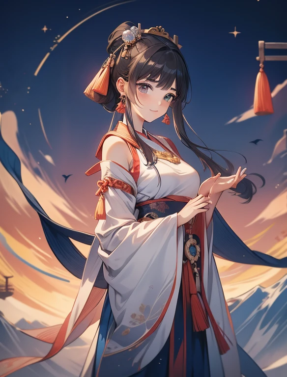 1girl, beautiful woman, close up, she is sitting bridge with Silk ribbons are flying in the wind,